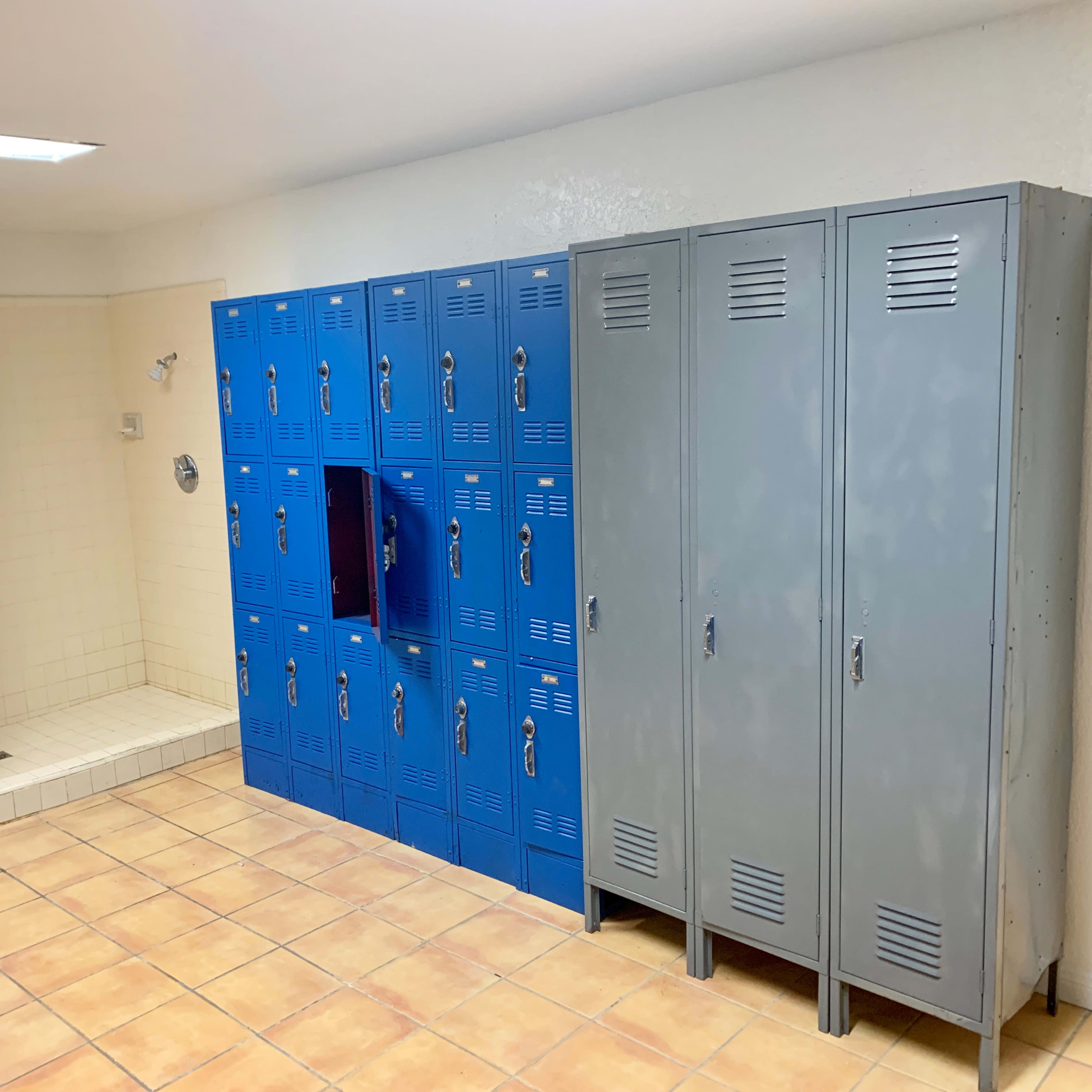 A row of blue and gray lockers in a tiled room, adjacent to a shower area with open showerheads.