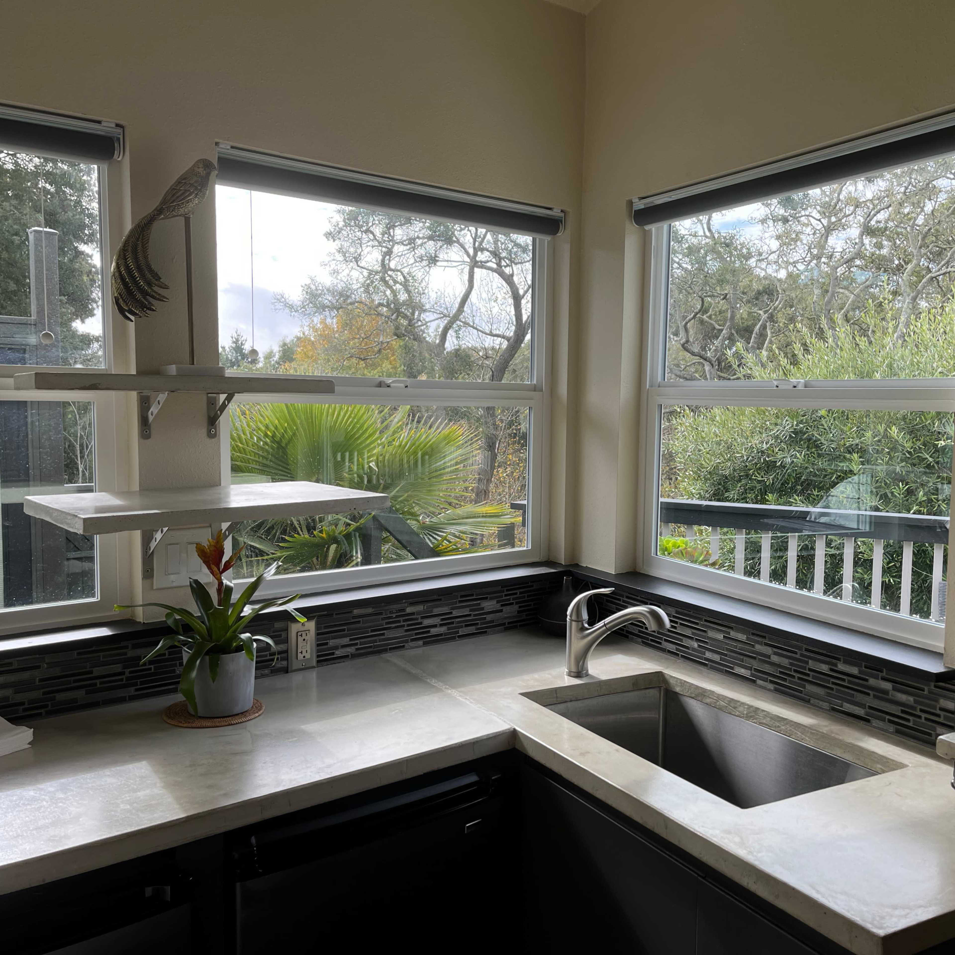 A kitchen with a stainless steel sink, a grey countertop, and large windows overlooking greenery.