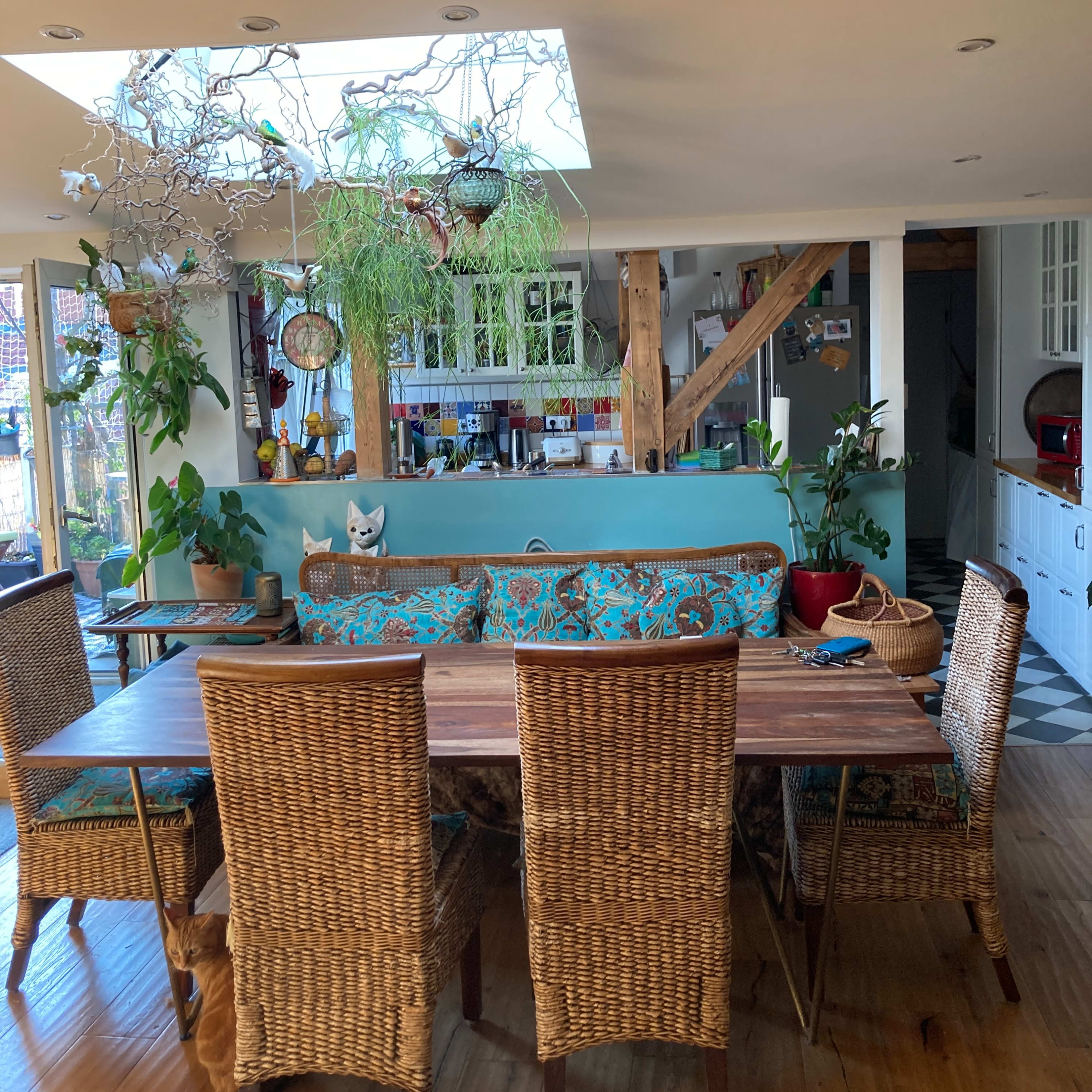 A dining area features a wooden table surrounded by wicker chairs, with a turquoise couch and plants against a bright, open space.