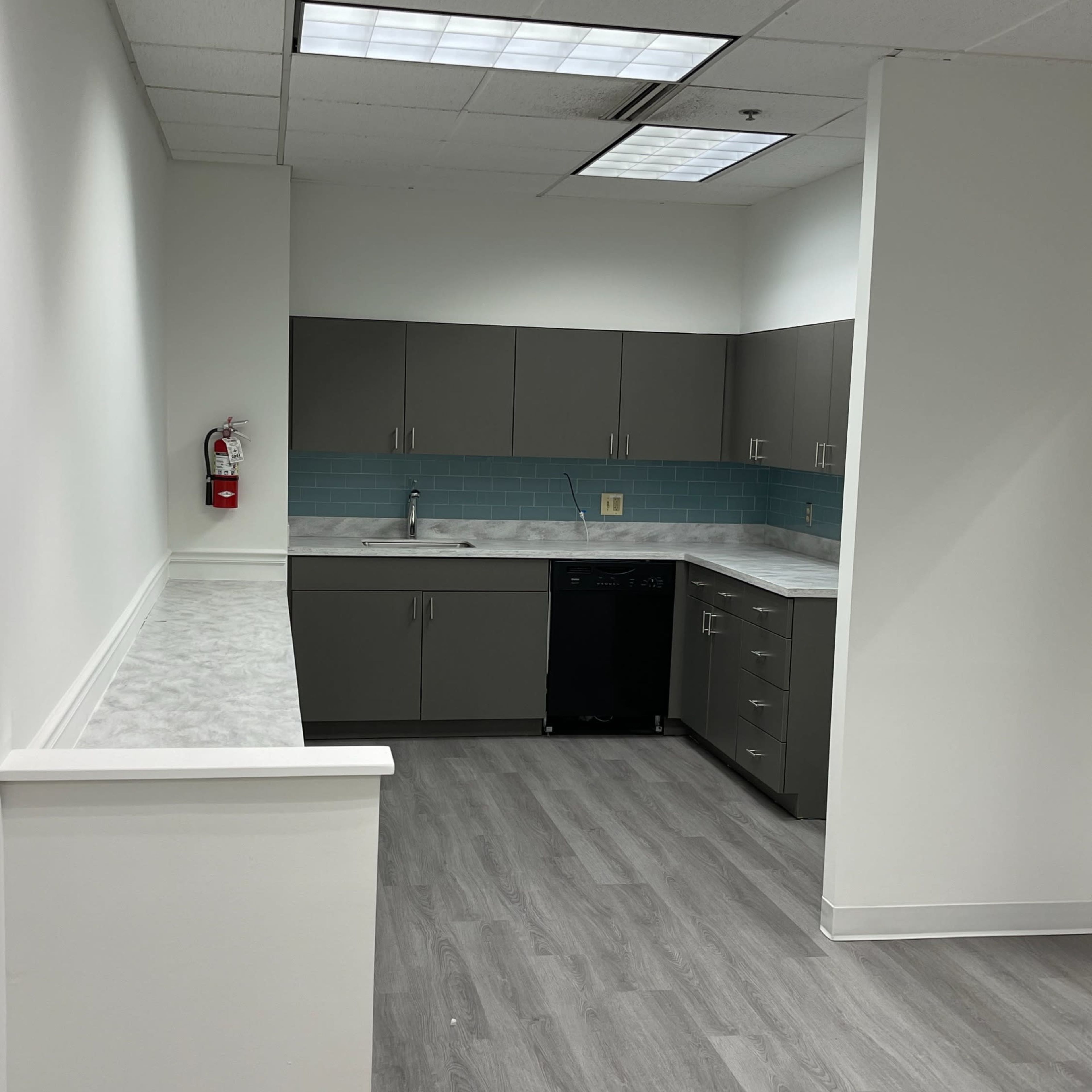A modern kitchen area features gray cabinets, a blue backsplash, and a light-colored countertop, with a fire extinguisher mounted on the wall.