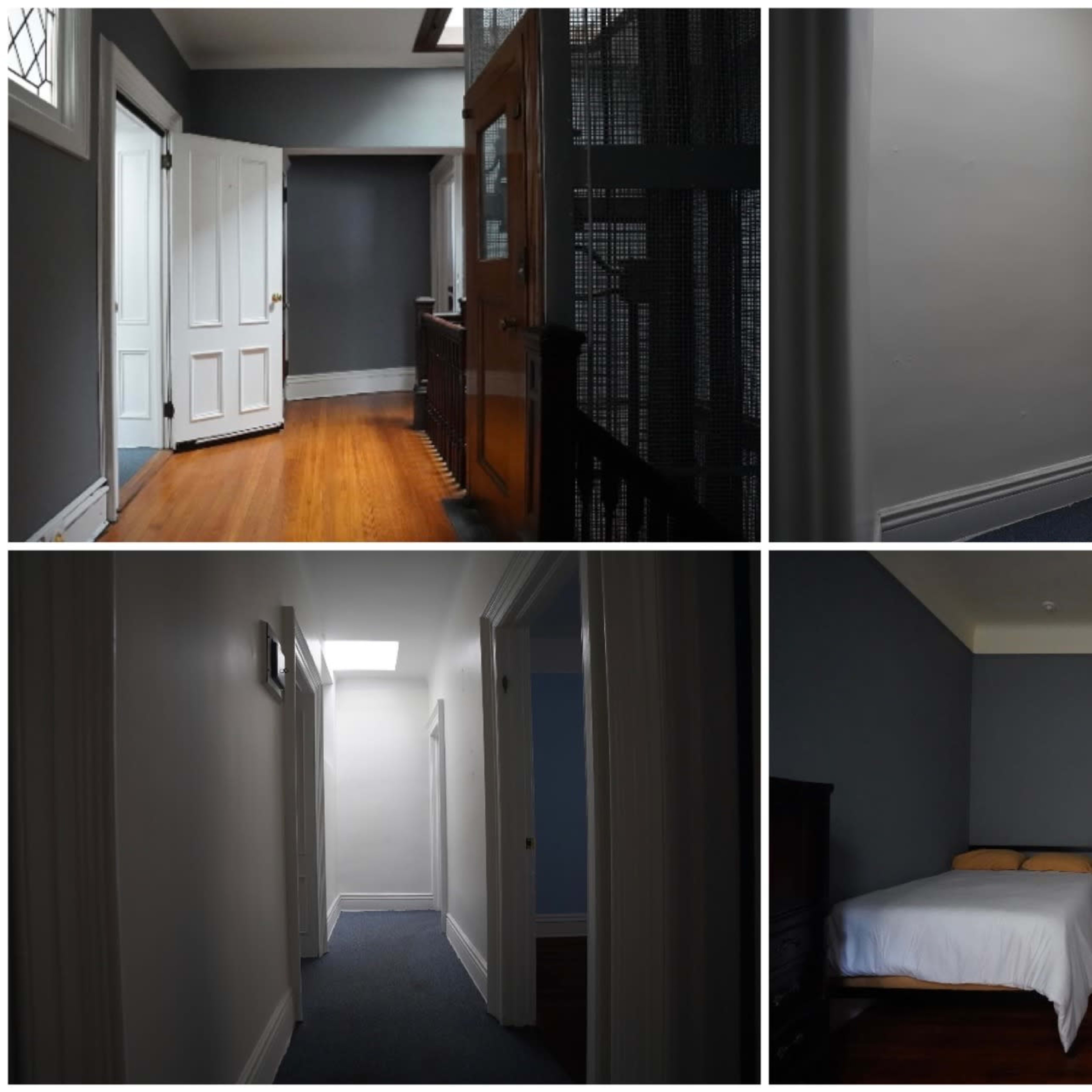 Various corridors and a bedroom showcasing neutral-colored walls, wooden flooring, and simple furnishings.