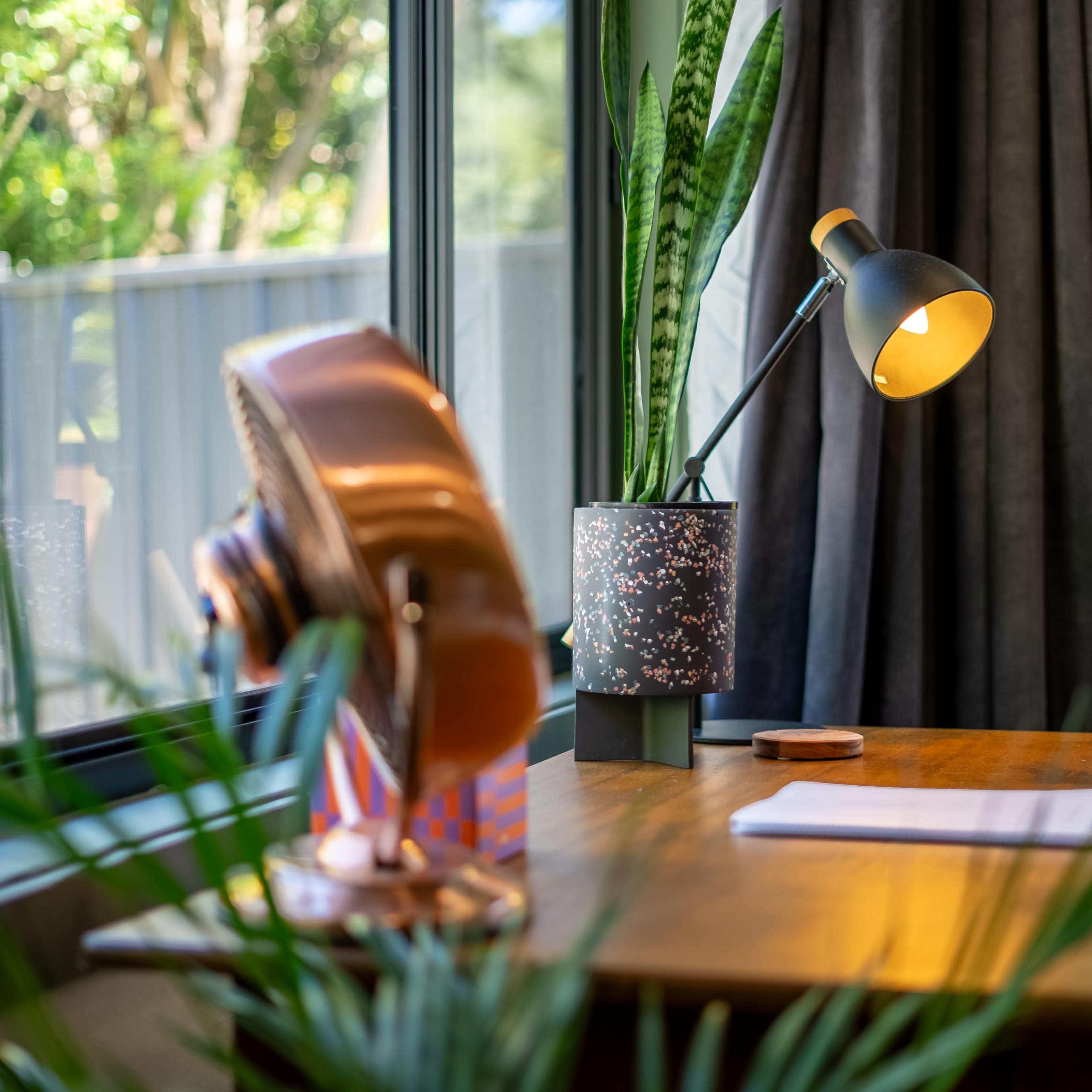 A wooden desk with a notebook and a lamp beside a potted plant, near a window with a view of greenery.