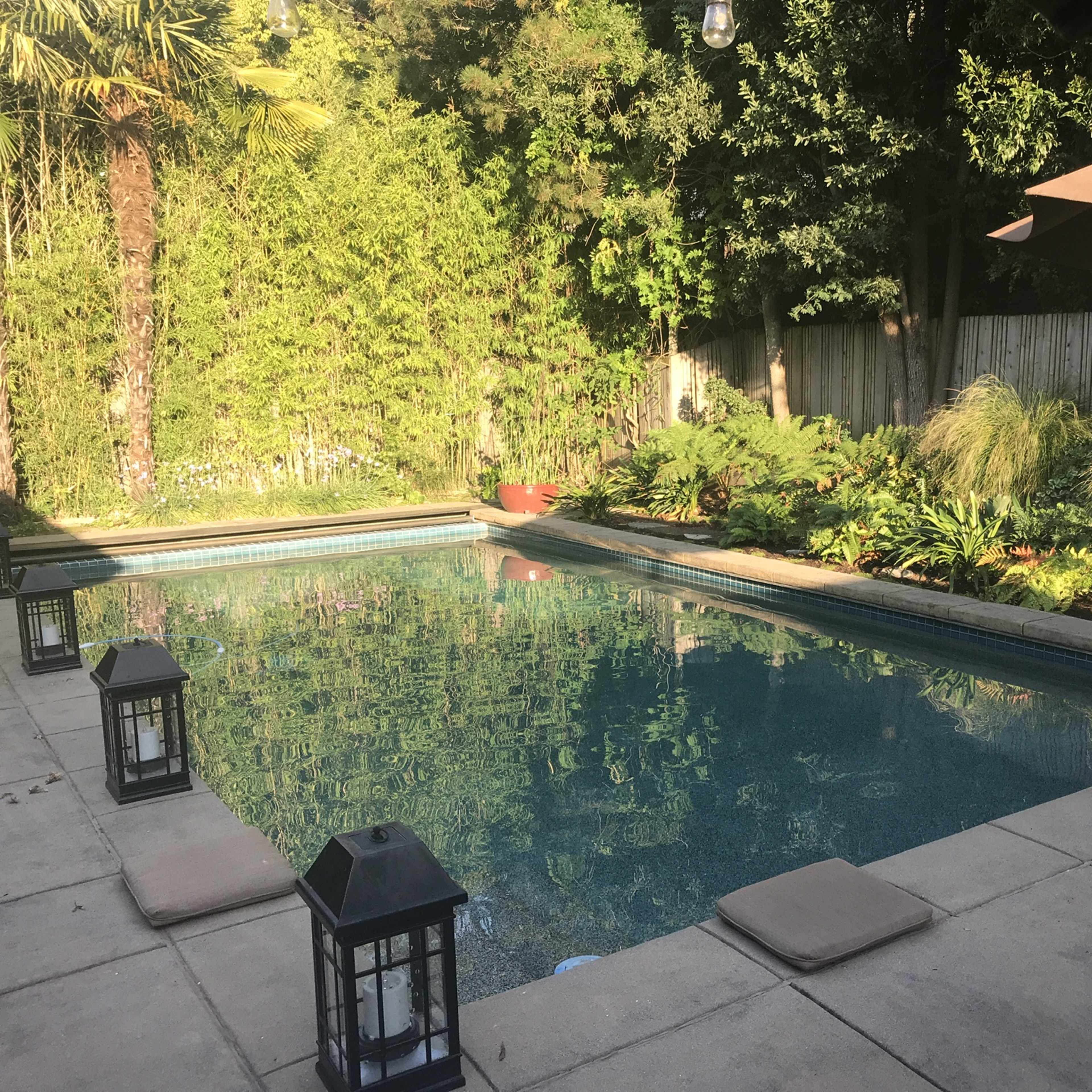 A backyard pool area surrounded by lush greenery, with lanterns placed on the patio and a sunshade overhead.