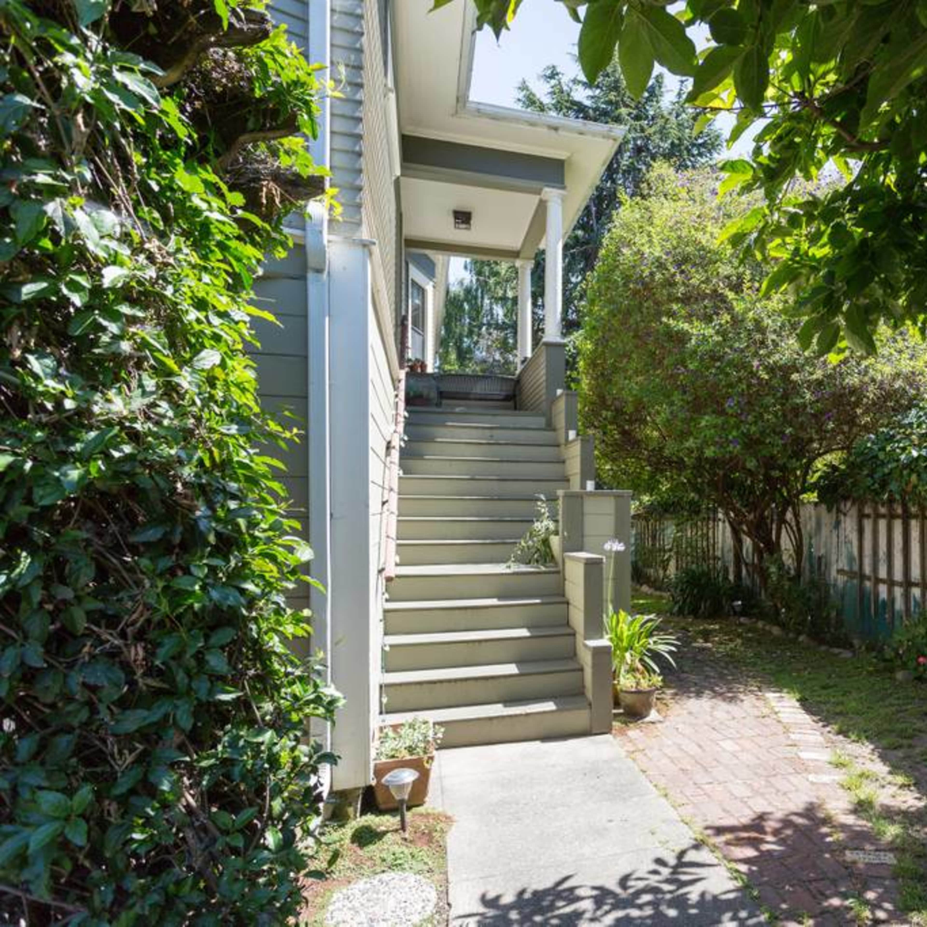 A pathway leads to a set of stairs by a house, flanked by greenery and flowering plants on both sides.