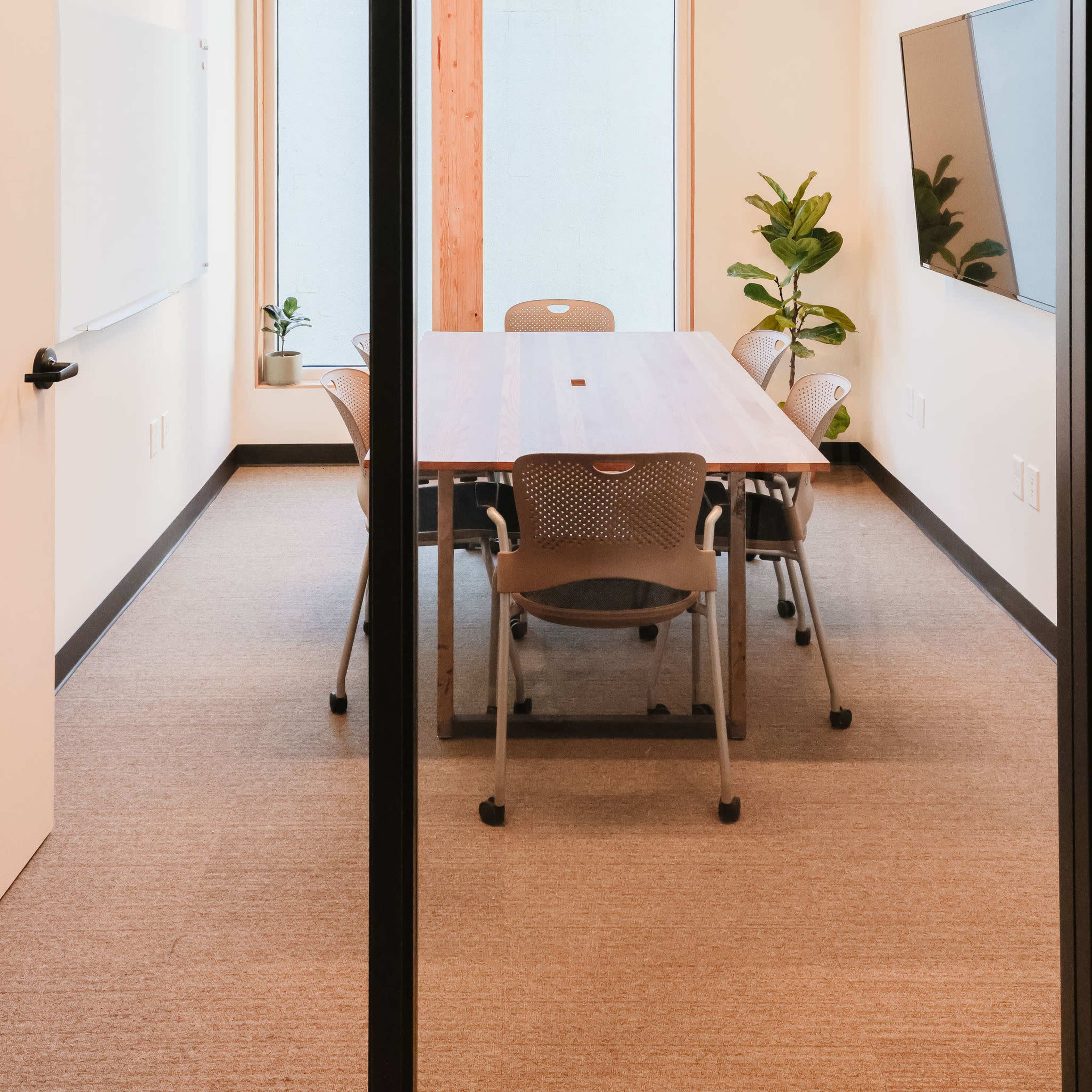 A small conference room features a wooden table surrounded by chairs, with a wall-mounted screen and plants near the windows.
