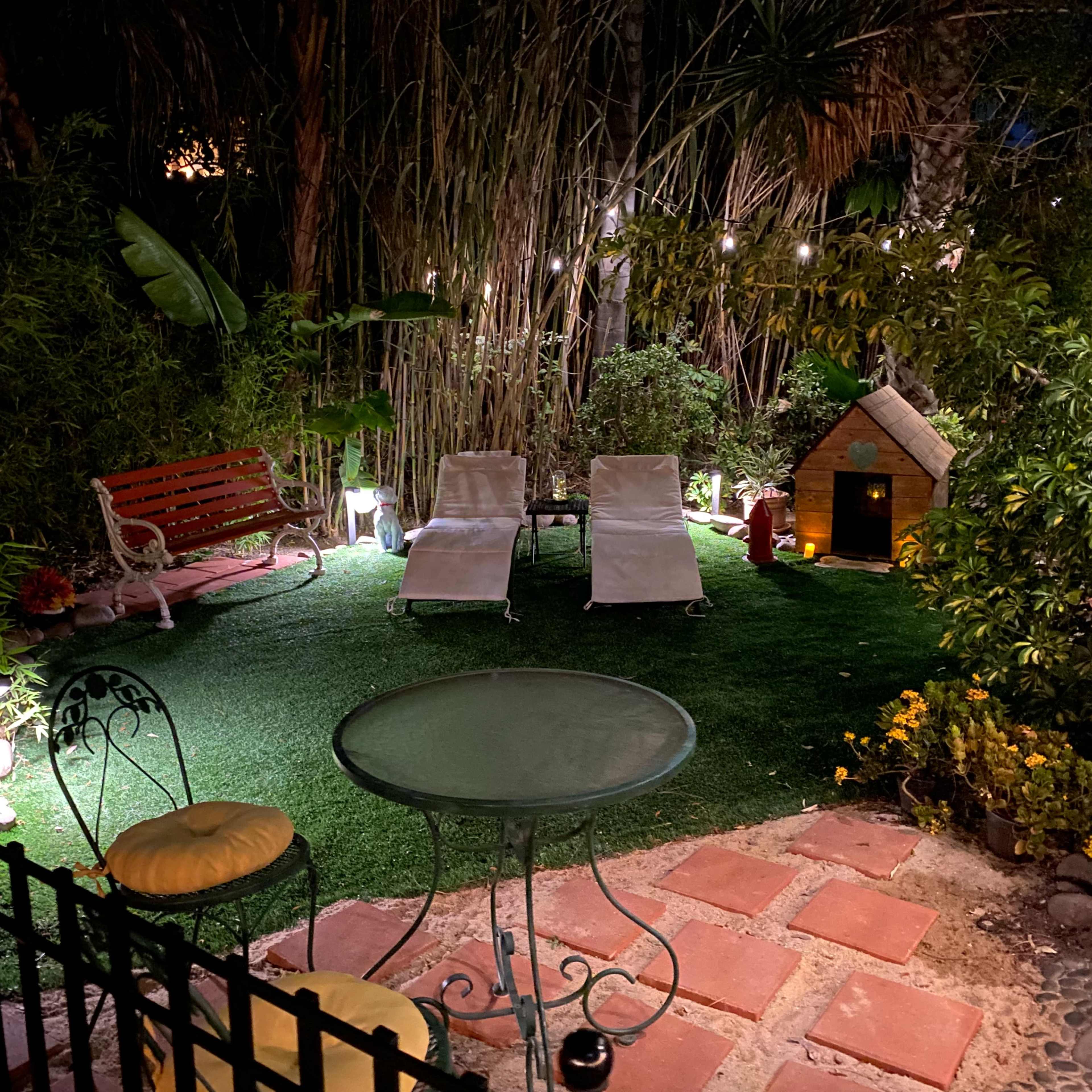 A garden with a green lawn, a table and chairs, two lounge chairs, a wooden bench, and a small doghouse, all illuminated by soft string lights.