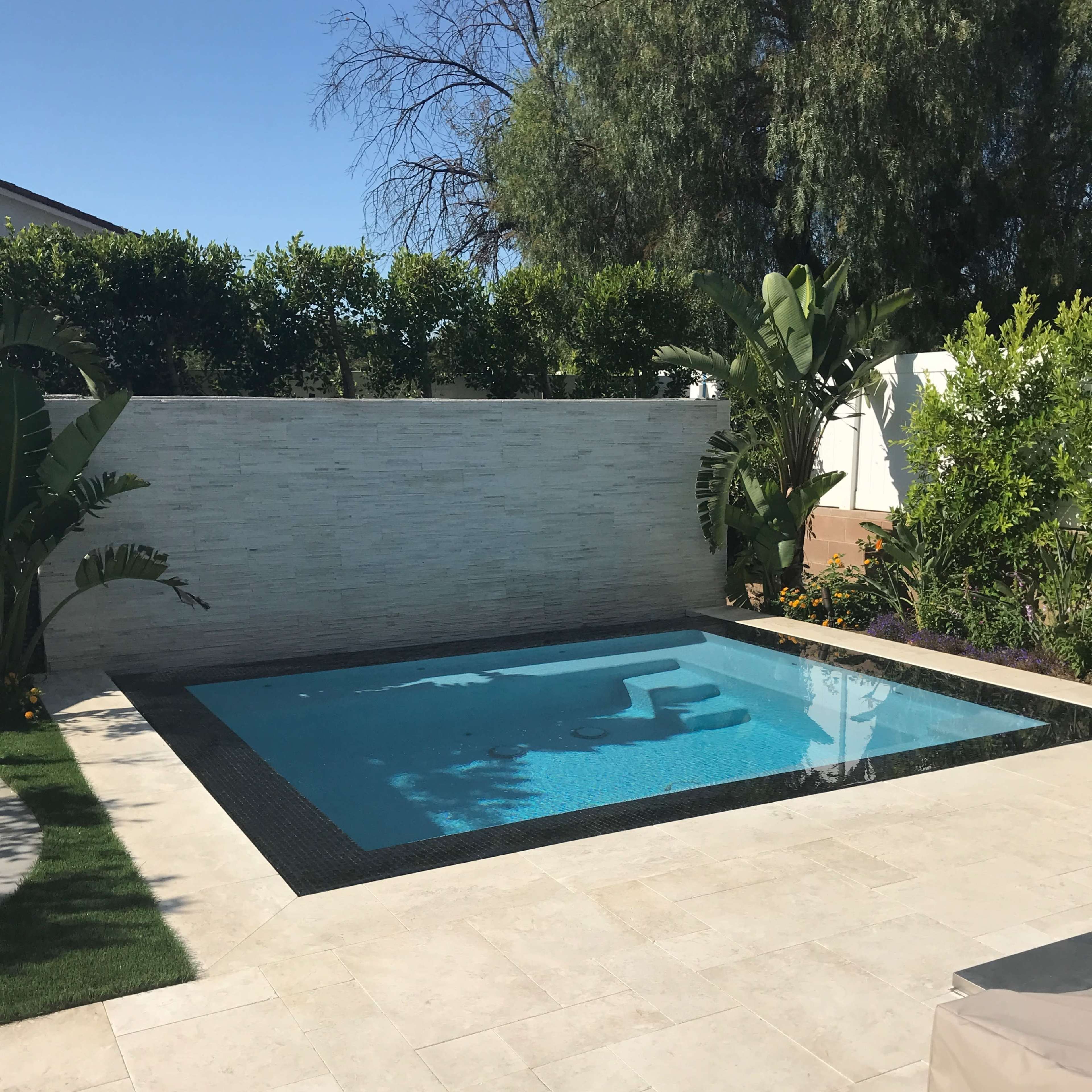 A rectangular swimming pool is surrounded by tiled flooring and greenery, with a white wall in the background.