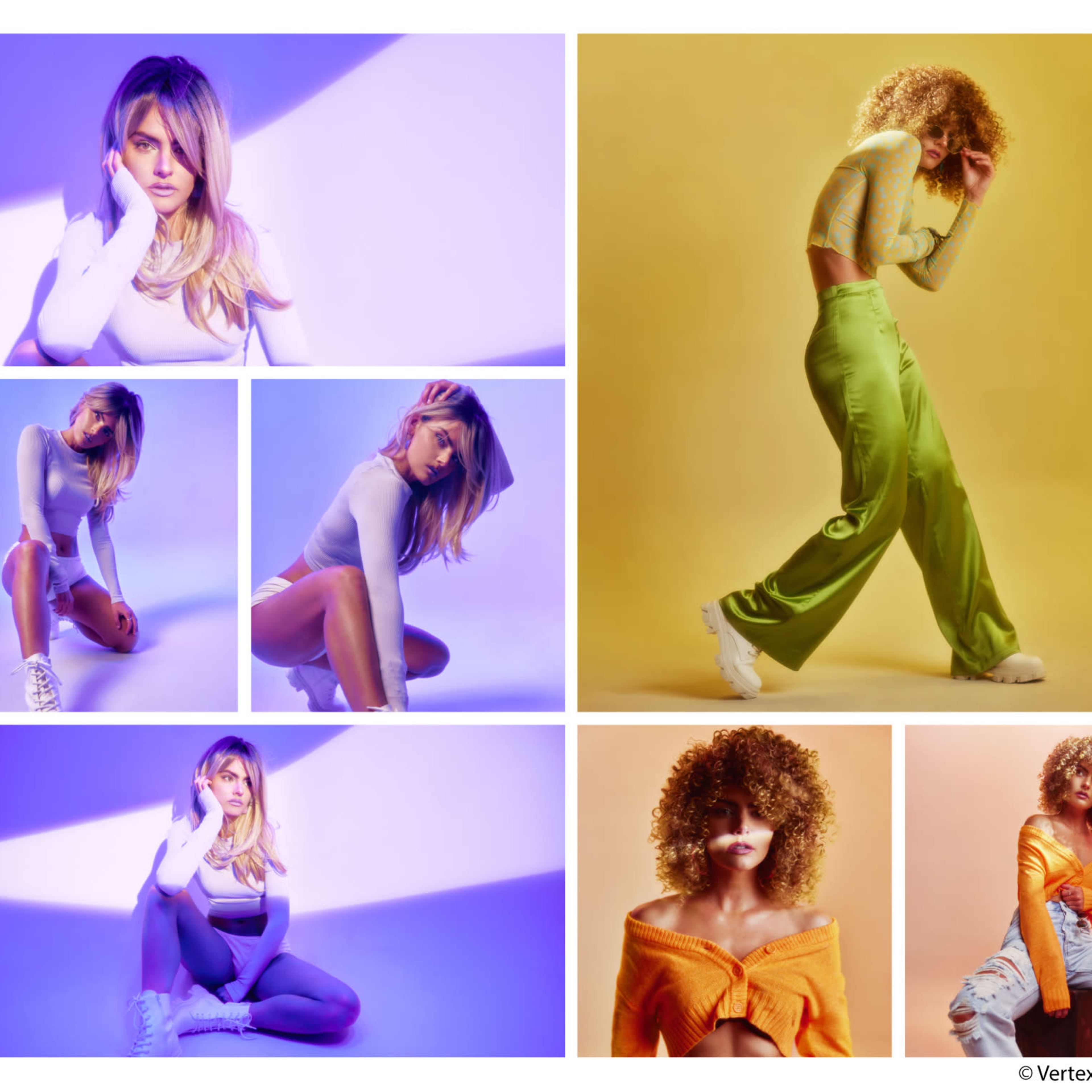 A collage of photos showcasing a model in various outfits and poses against colorful backgrounds.
