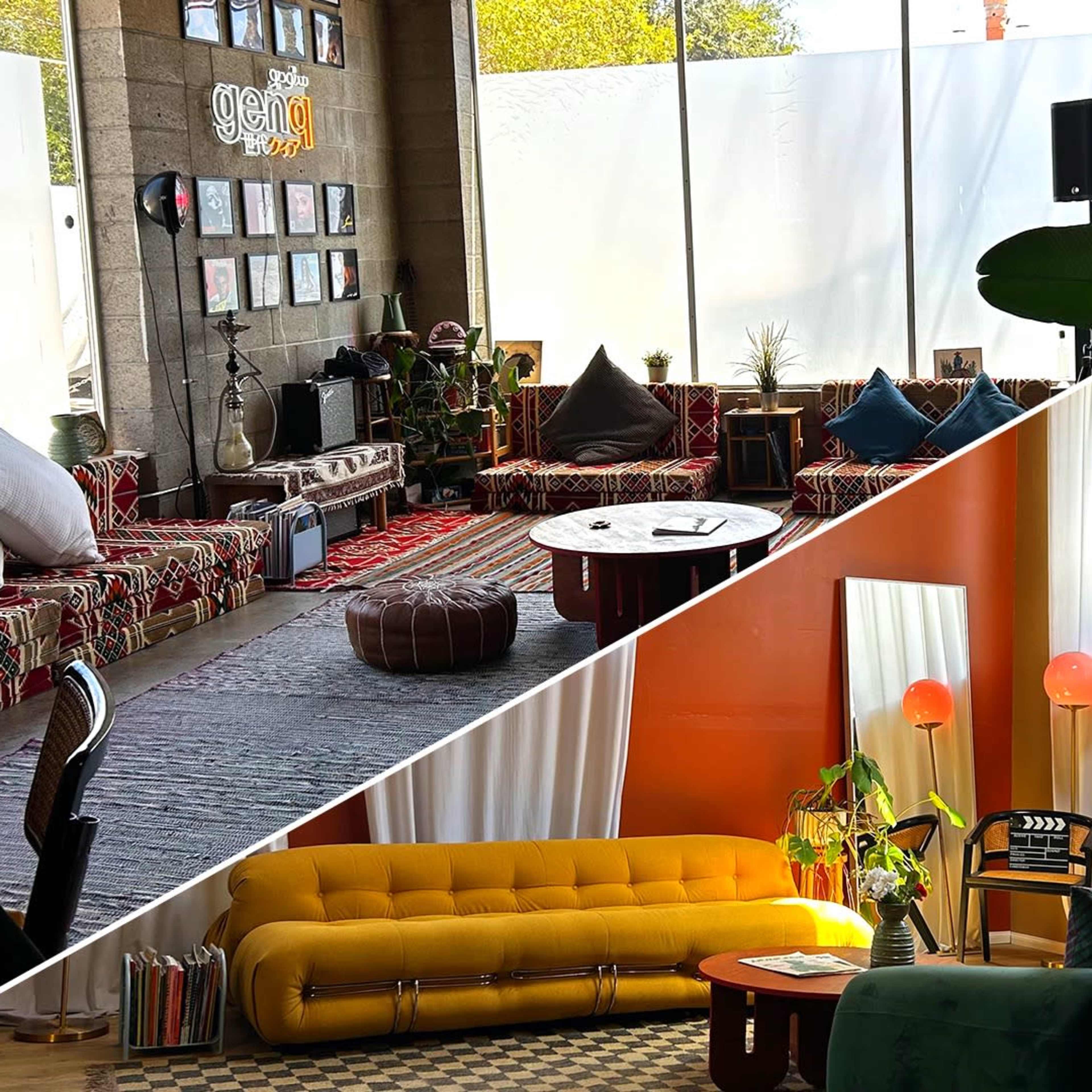 A split view of two distinct interior spaces, one with a bohemian style featuring patterned seating and colorful decor, and the other displaying a modern layout with a yellow sofa and contemporary furnishings.