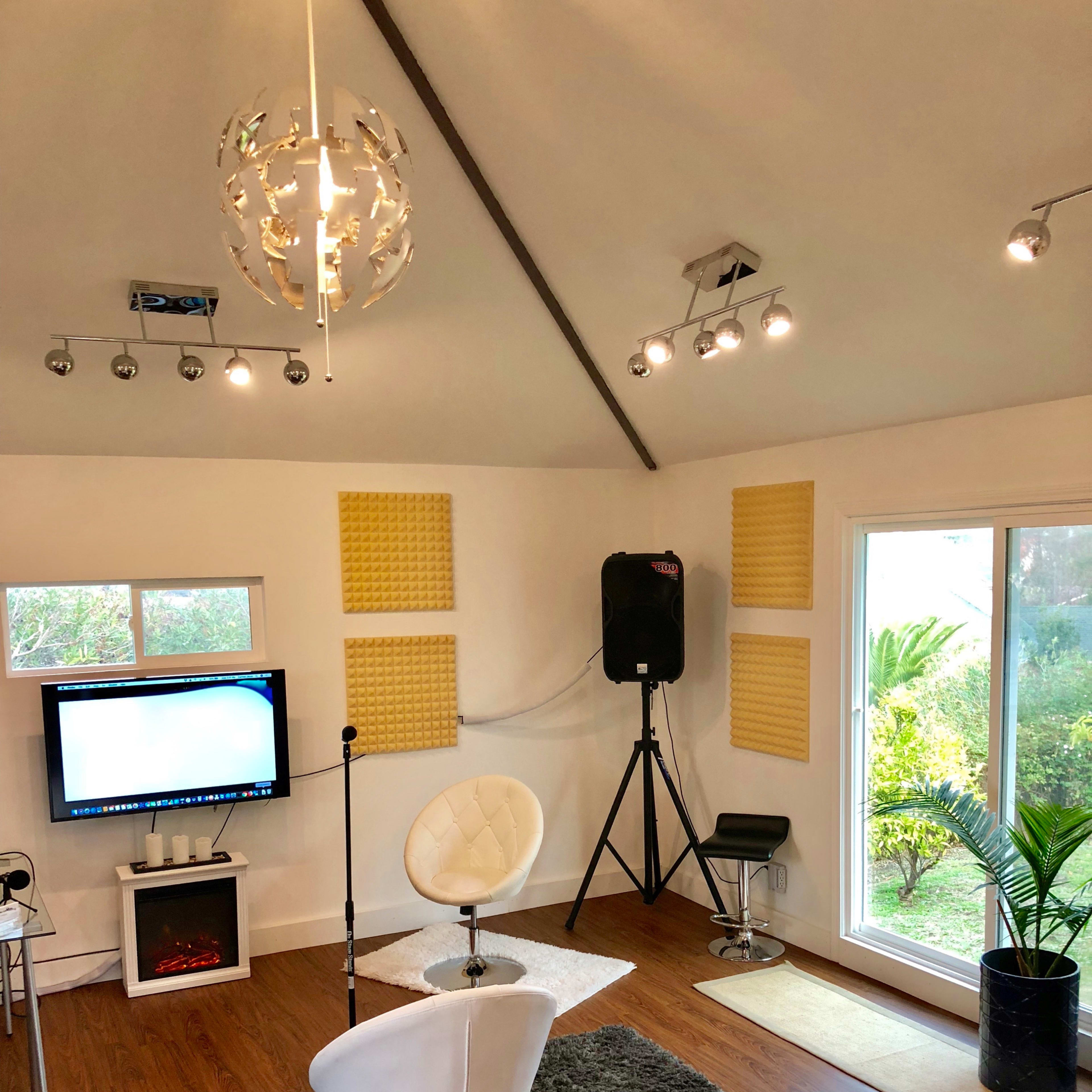 A modern room with a chair, a microphone on a stand, a television, and acoustic panels on the walls, along with a large window displaying greenery outside.
