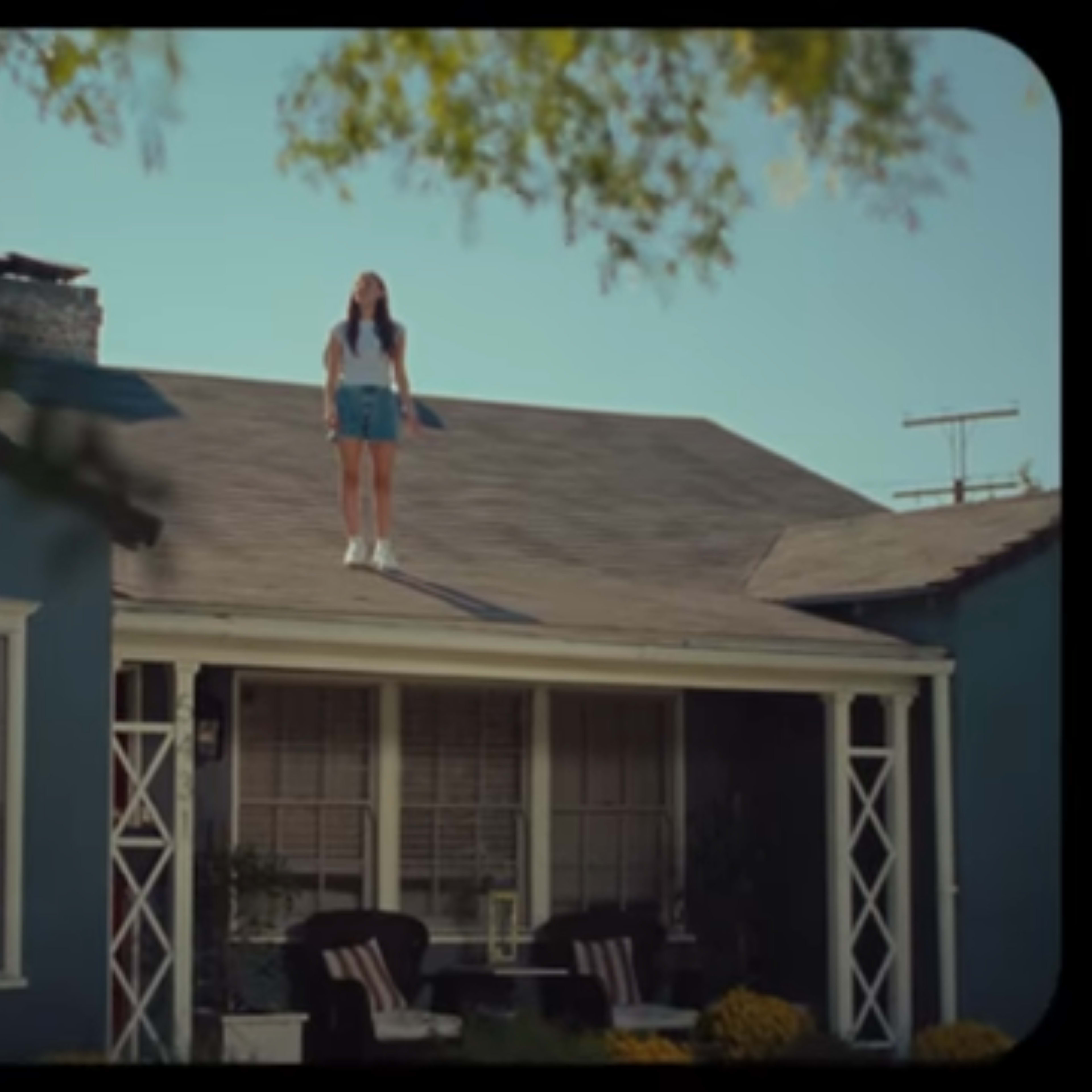 A person stands on the roof of a blue house.