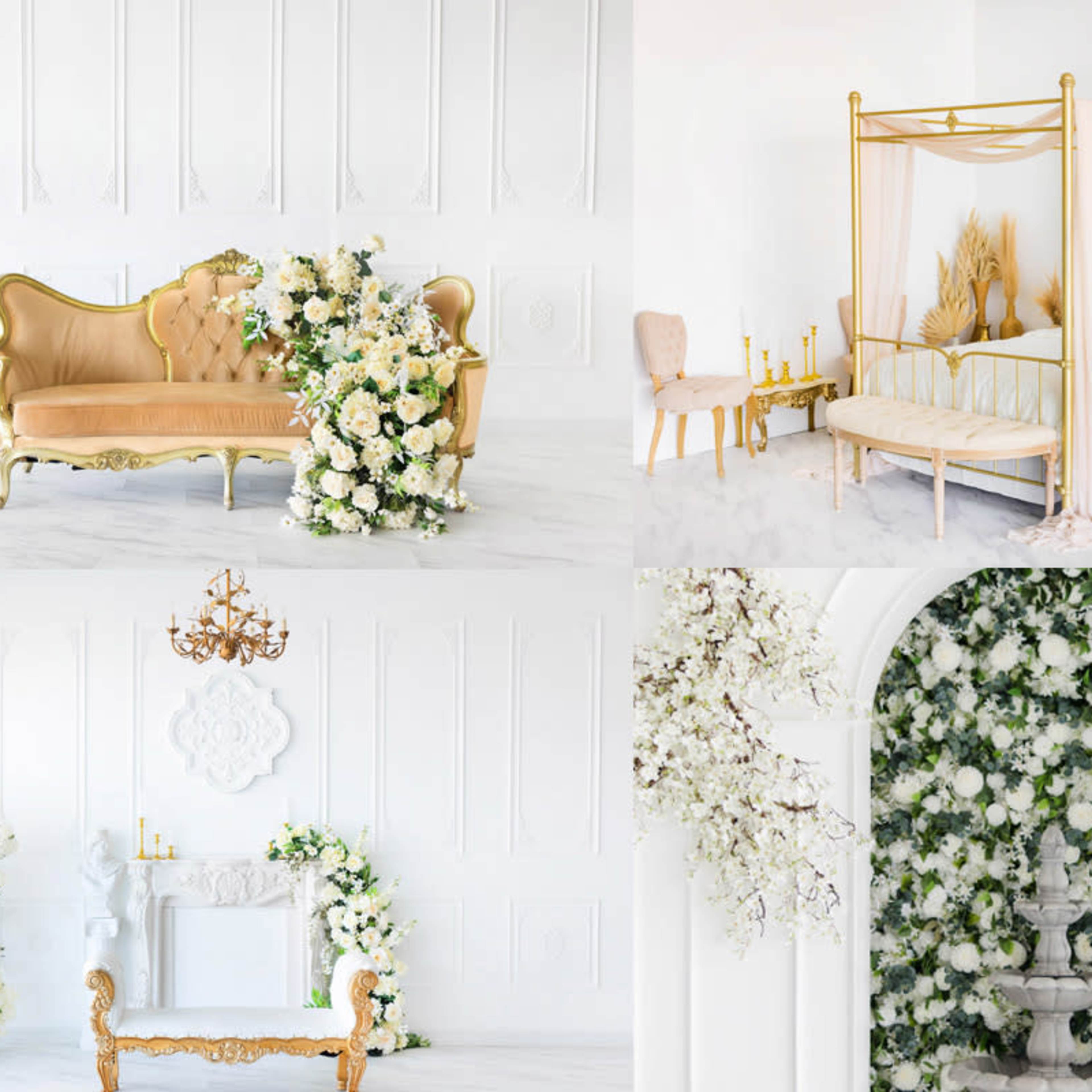 A bright, elegant interior featuring a floral arrangement, a golden couch, a four-poster bed, a fireplace with decorative elements, and a wall adorned with greenery and flowers.