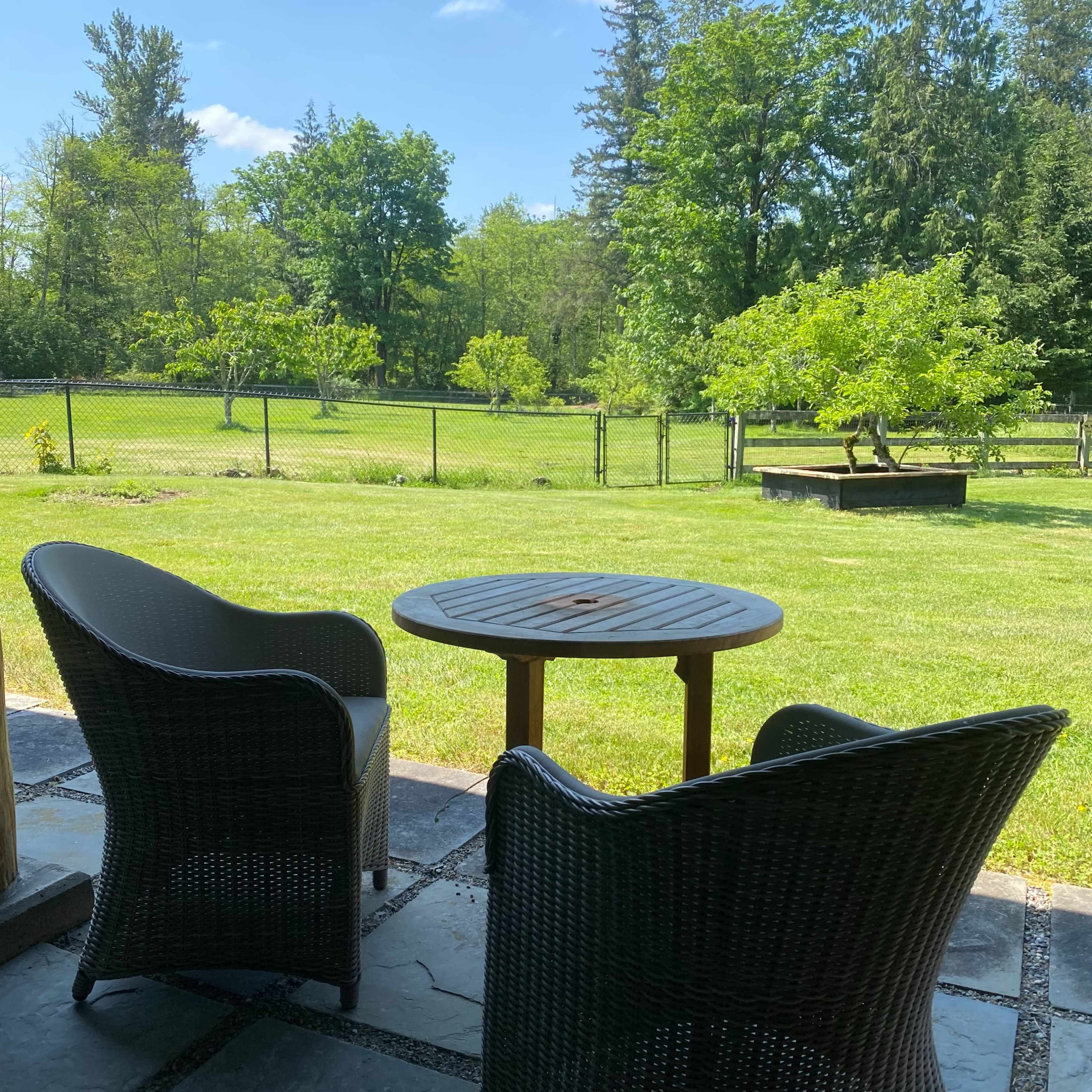 Two wicker chairs sit at a round table on a stone patio, overlooking a grassy field framed by trees and a fence.