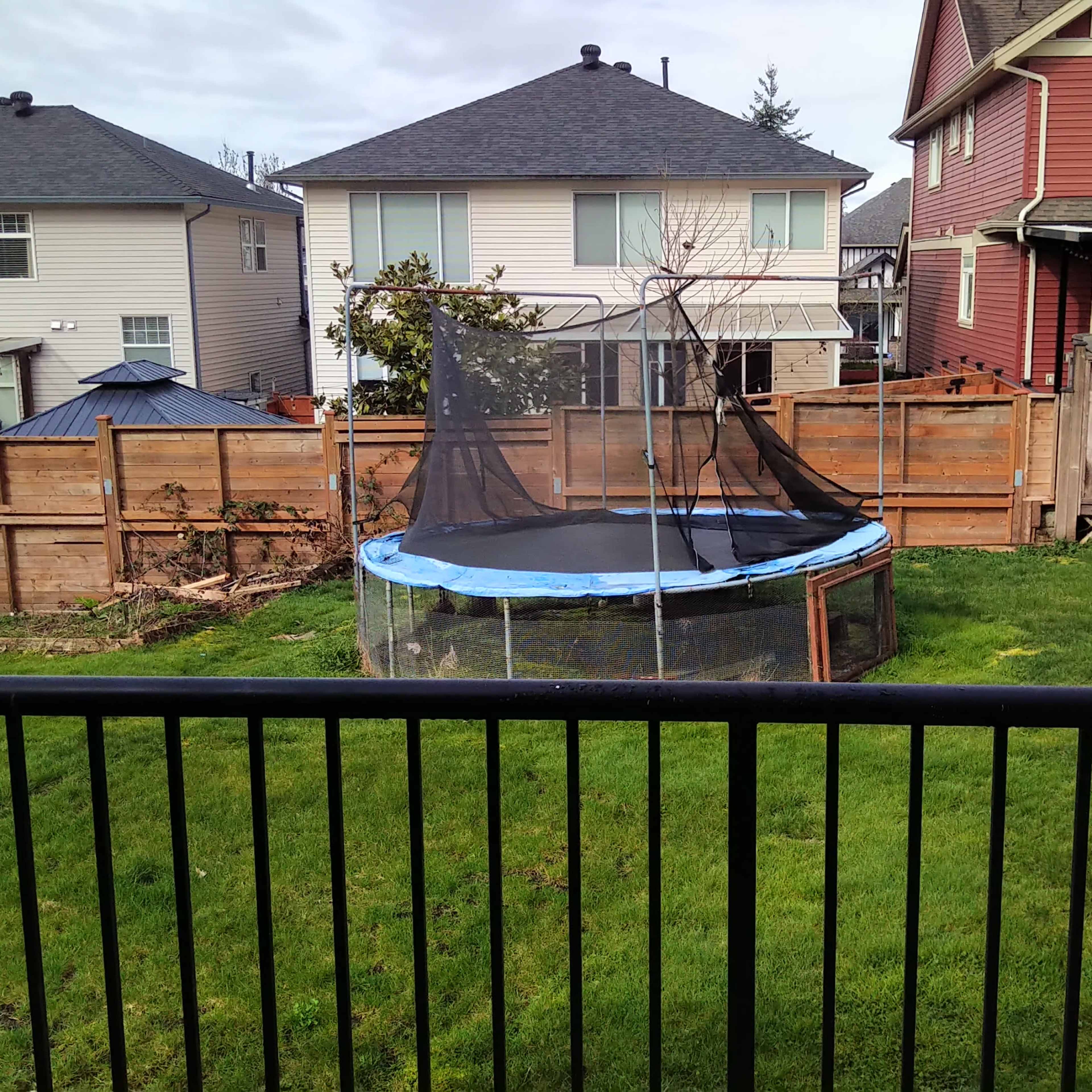 A backyard with a trampoline surrounded by a fence and bordered by two houses.