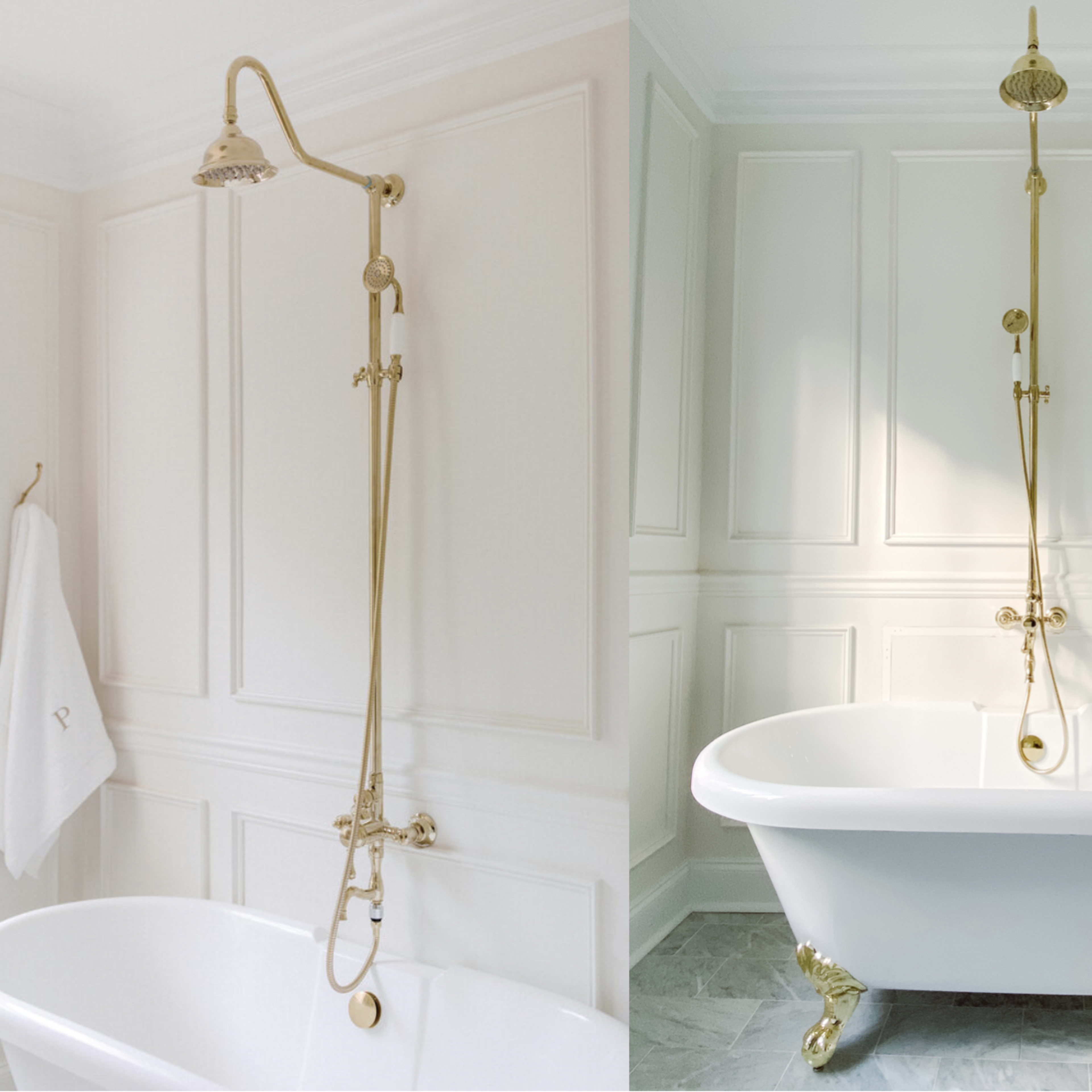 A bathroom featuring a freestanding white bathtub with a gold vintage-style faucet and showerhead against paneled walls.