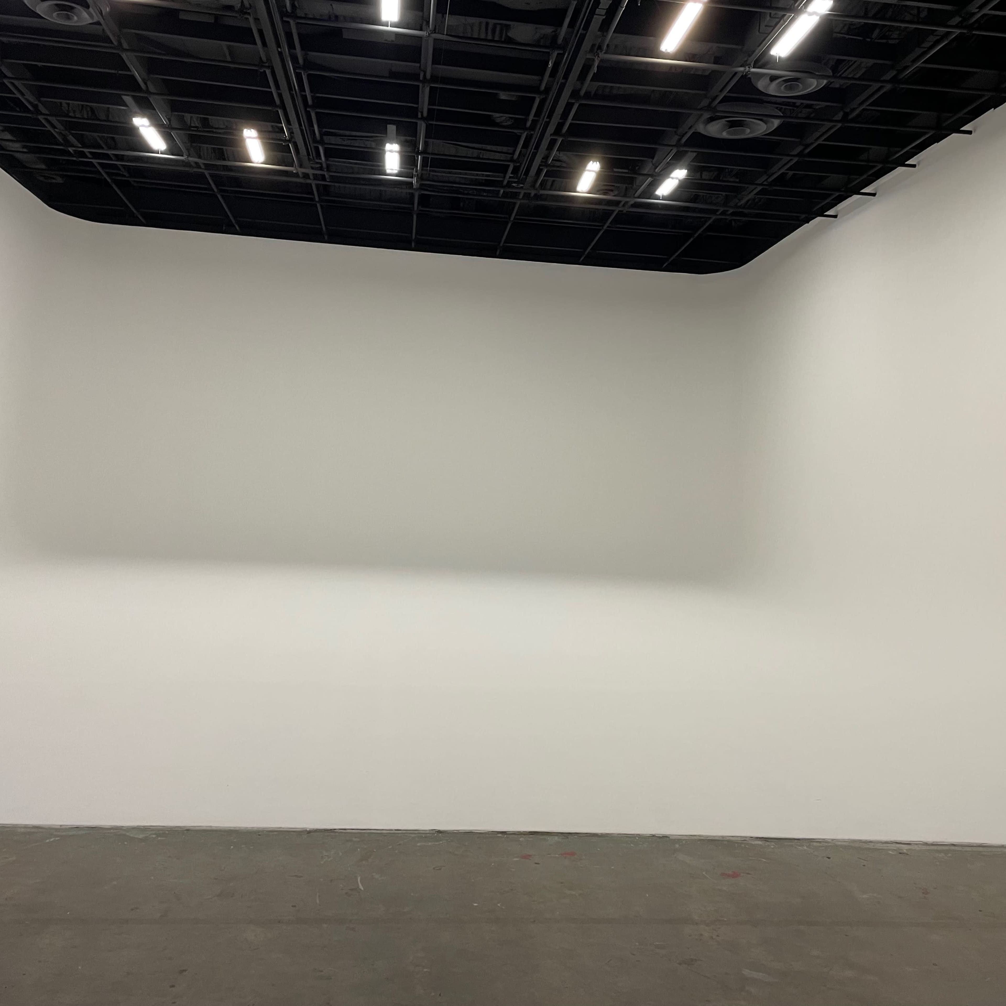 A spacious, empty gallery room with a smooth white wall and a black ceiling featuring overhead lights.