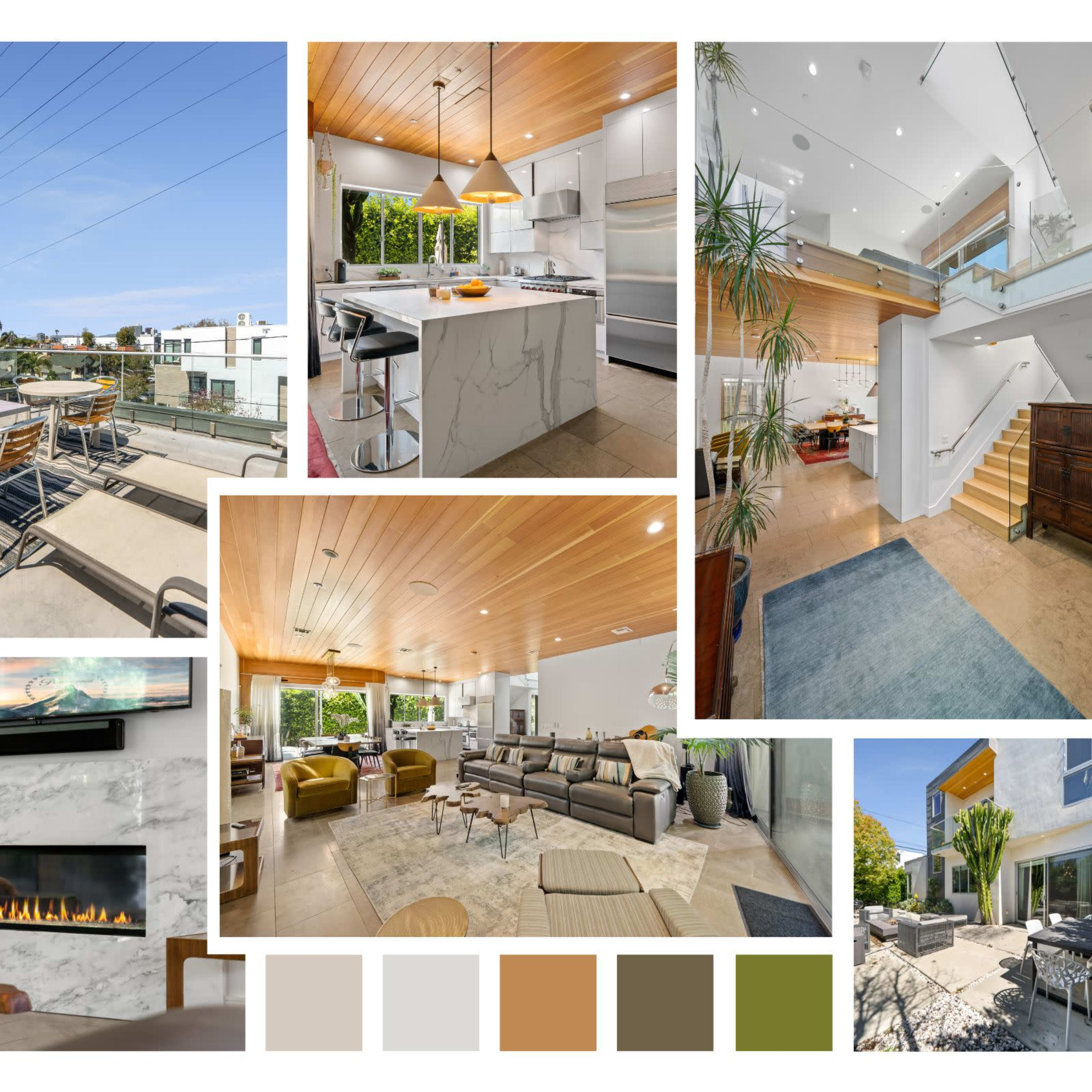 A modern home interior and exterior, featuring a stylish living area, kitchen, staircase, and outdoor patio with dining furniture.