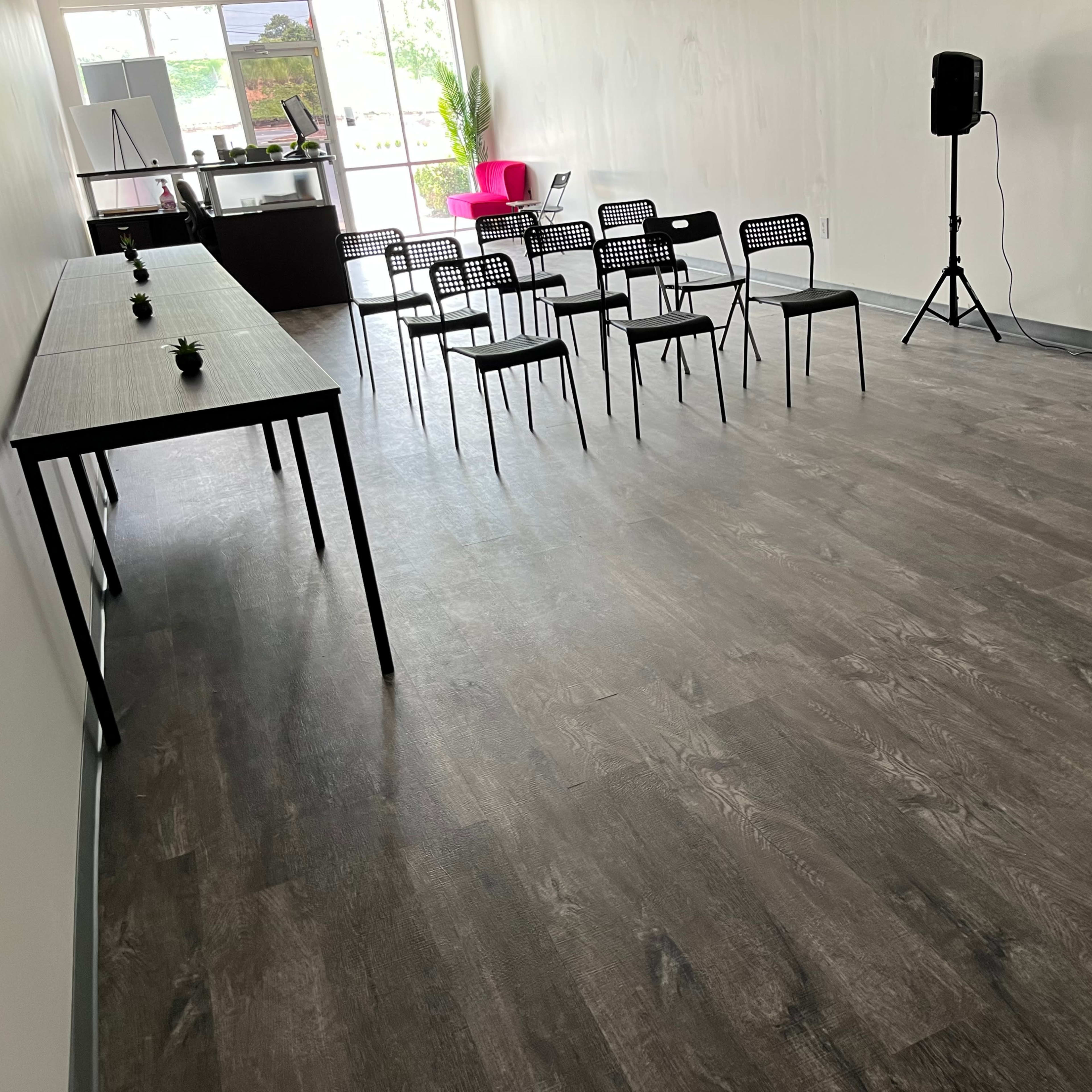 The room features a row of black chairs facing a podium, with a table lined with small potted plants along one side.