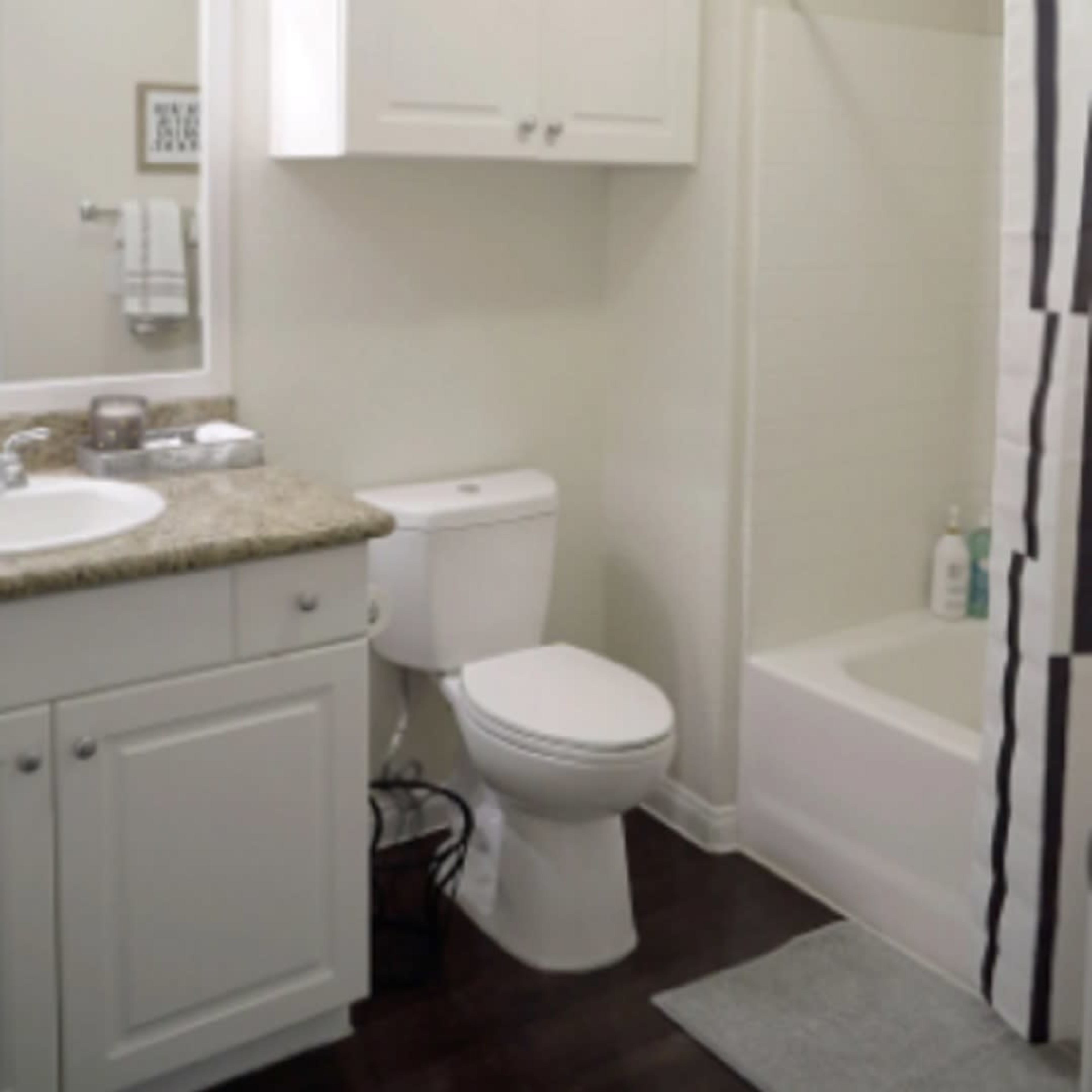 A bathroom featuring a sink with a granite countertop, a toilet, a bathtub with a shower curtain, and storage cabinets above.