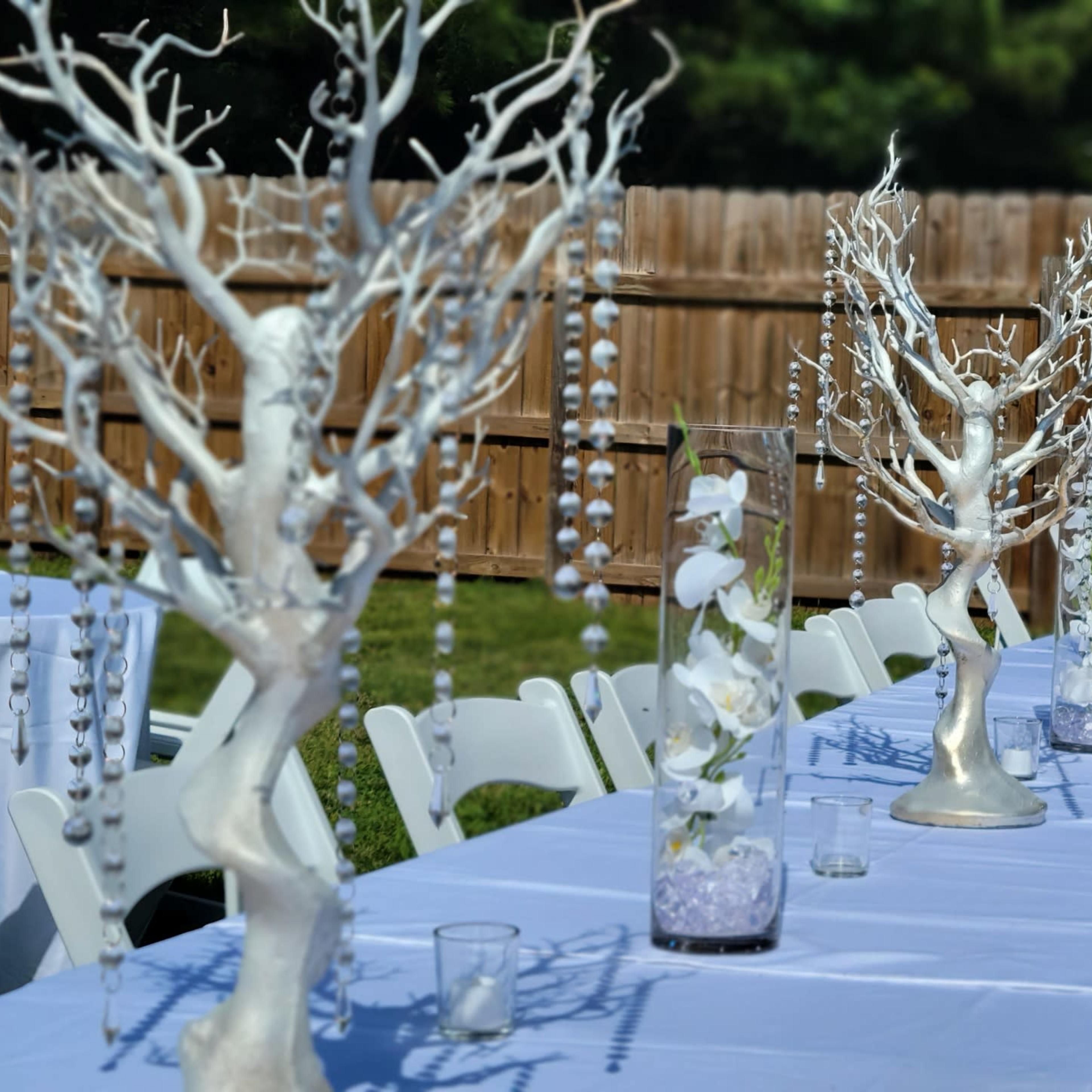 A table set for an outdoor event features white trees and decorative elements under a clear sky.