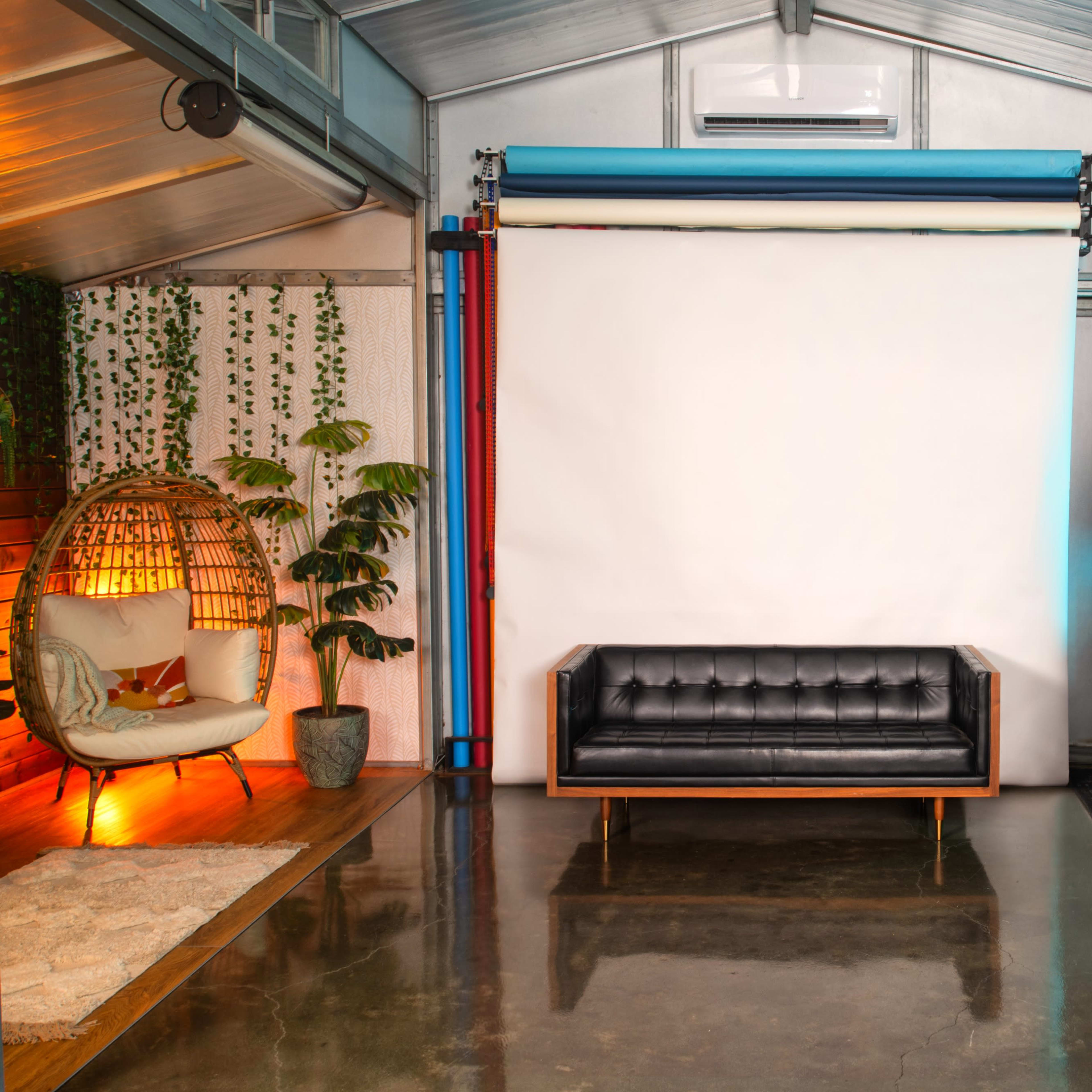 A cozy studio space featuring a black sofa, a light-colored rug, a potted plant, and a backdrop setup against a wall.