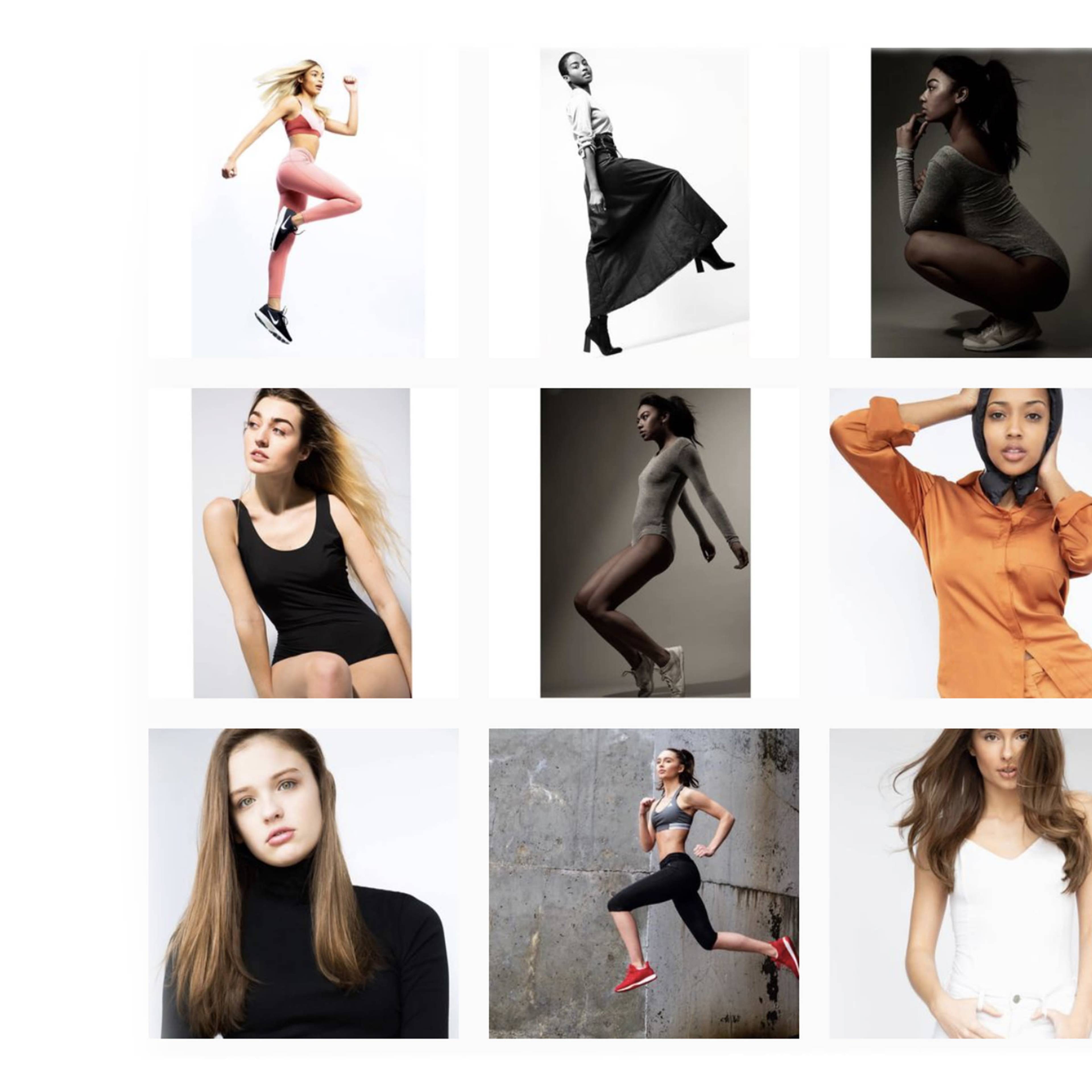 A grid of nine photos showcasing women in various poses and outfits, including athletic wear and dresses against different backgrounds.