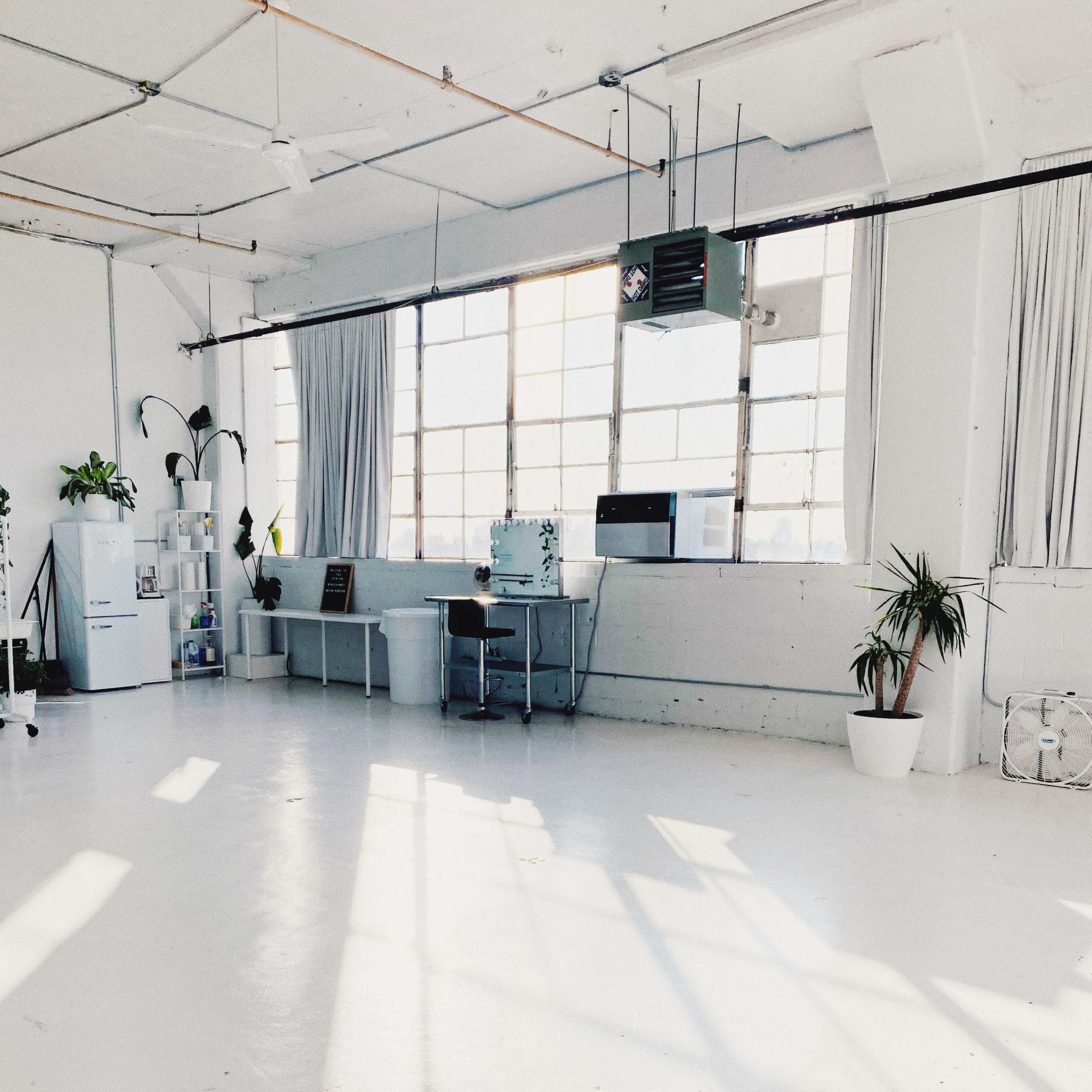 A spacious, well-lit room with large windows, a few plants, and minimal furniture.