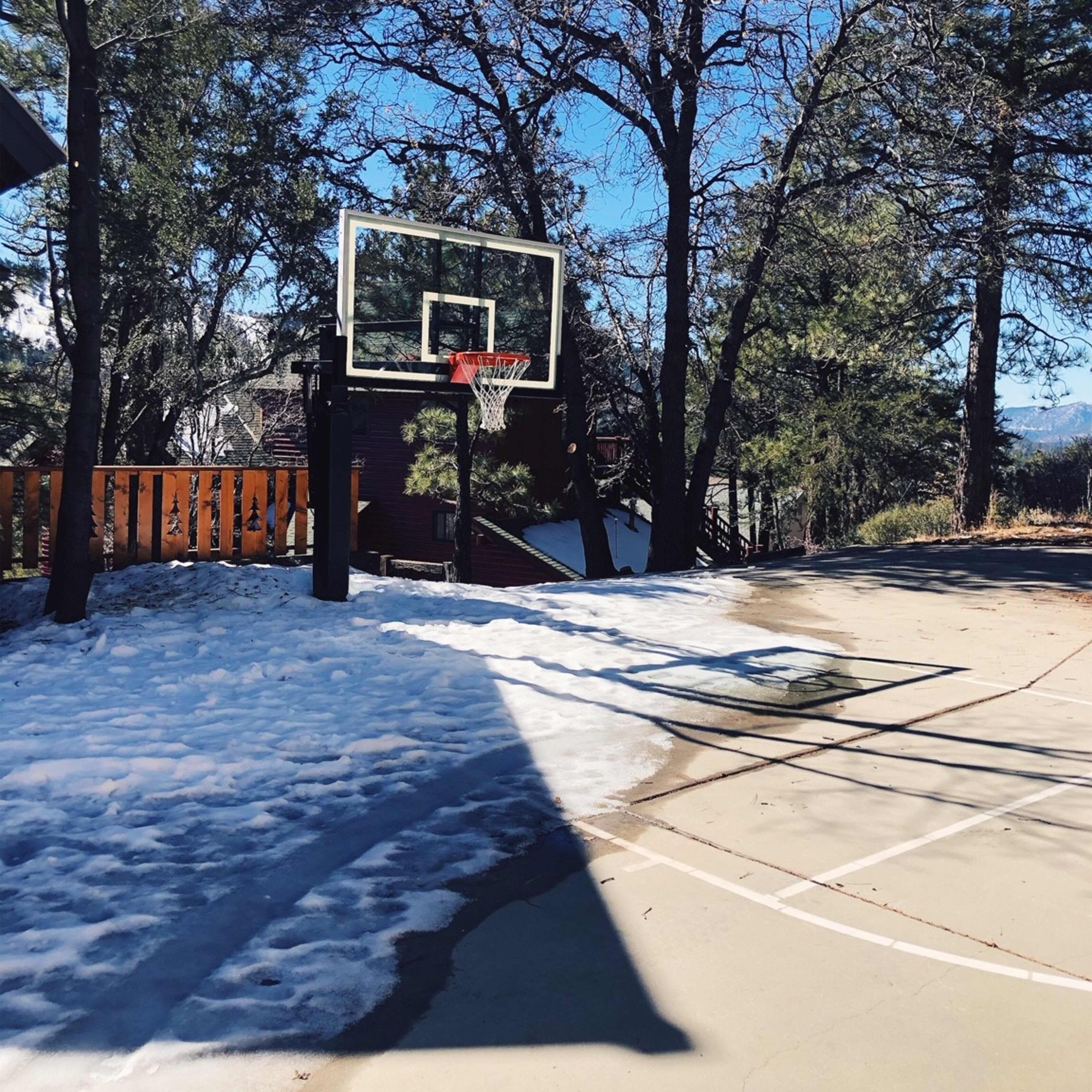 An outdoor basketball court with a hoop, surrounded by snow and trees under a clear blue sky.