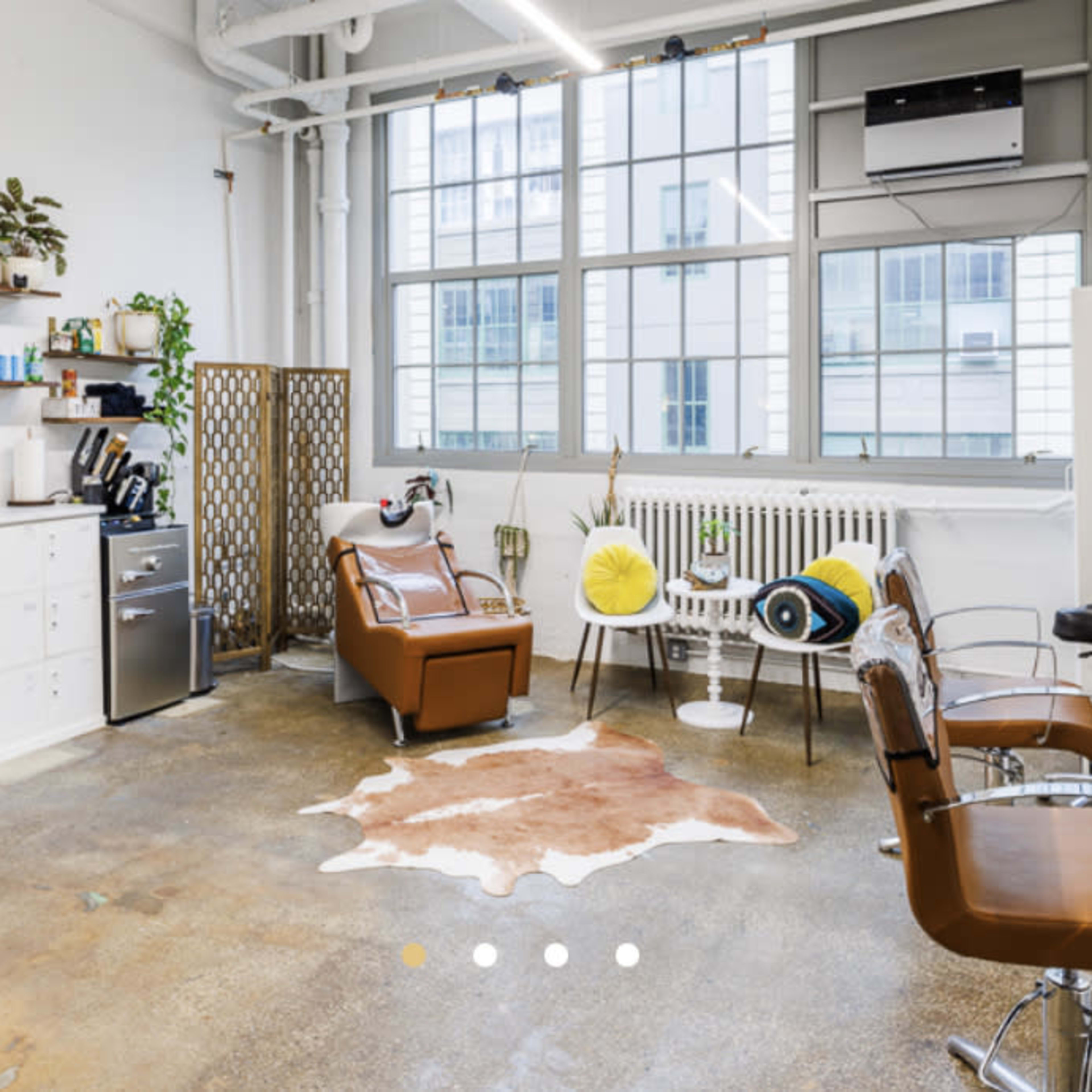 A modern salon interior with brown chairs, a wooden shelf with plants, and large windows providing natural light.