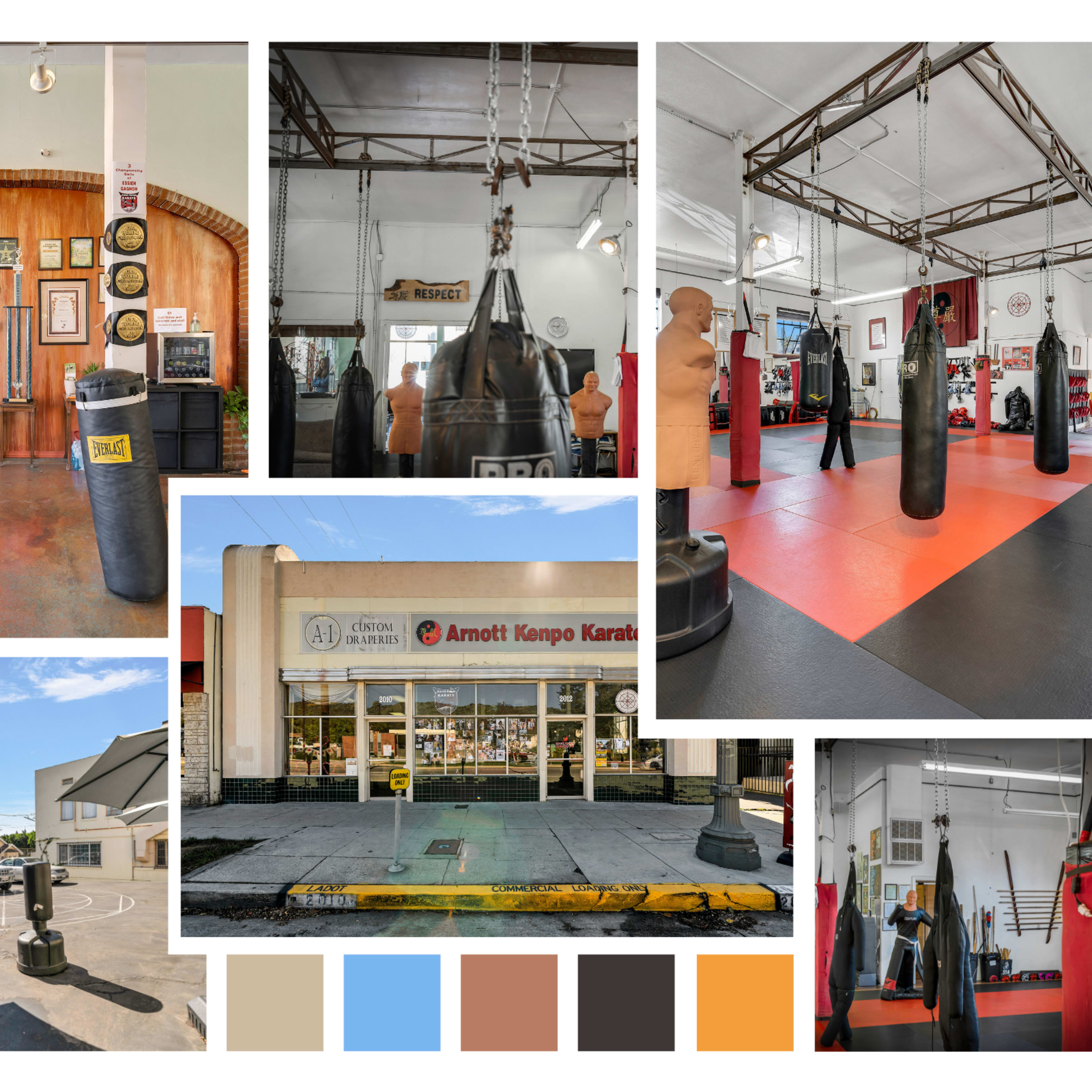 A martial arts dojo with training equipment, including hanging punching bags and trophies on the walls, along with the exterior view of the establishment.
