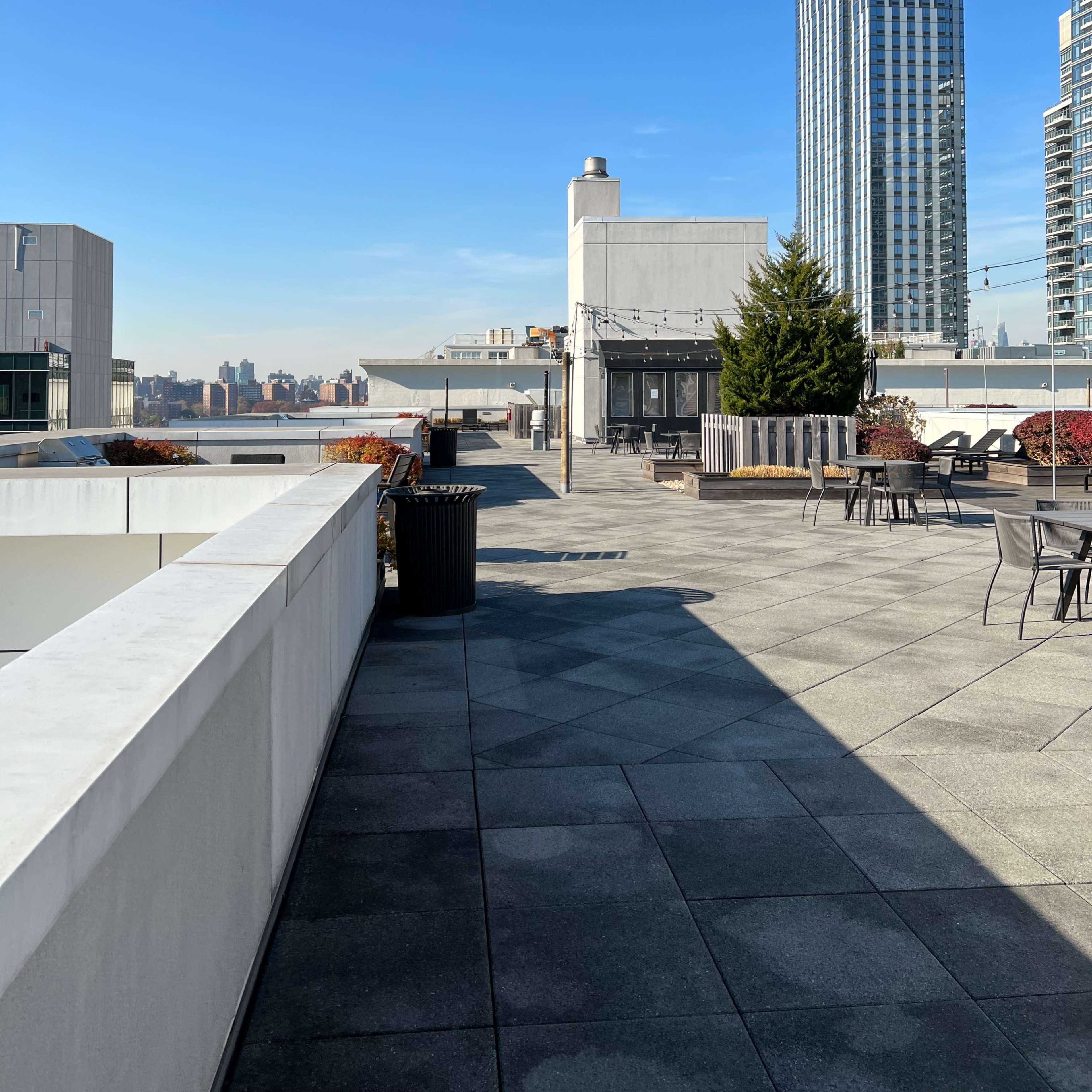 A rooftop terrace featuring a paved walkway, a tree, seating areas, and tall buildings in the background under a clear blue sky.