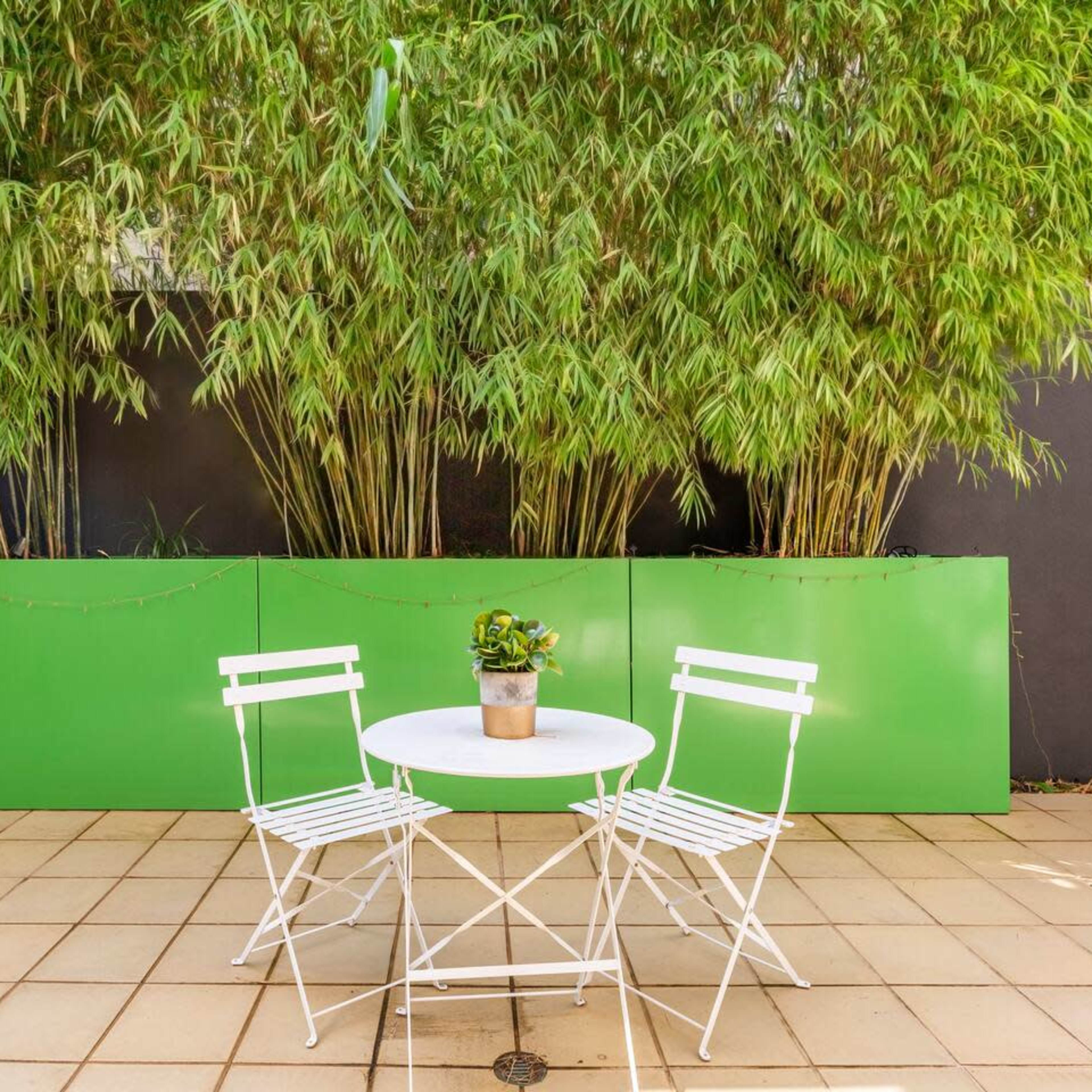 A small round table with two white chairs is set on a tiled patio, surrounded by bamboo plants and green partitions.