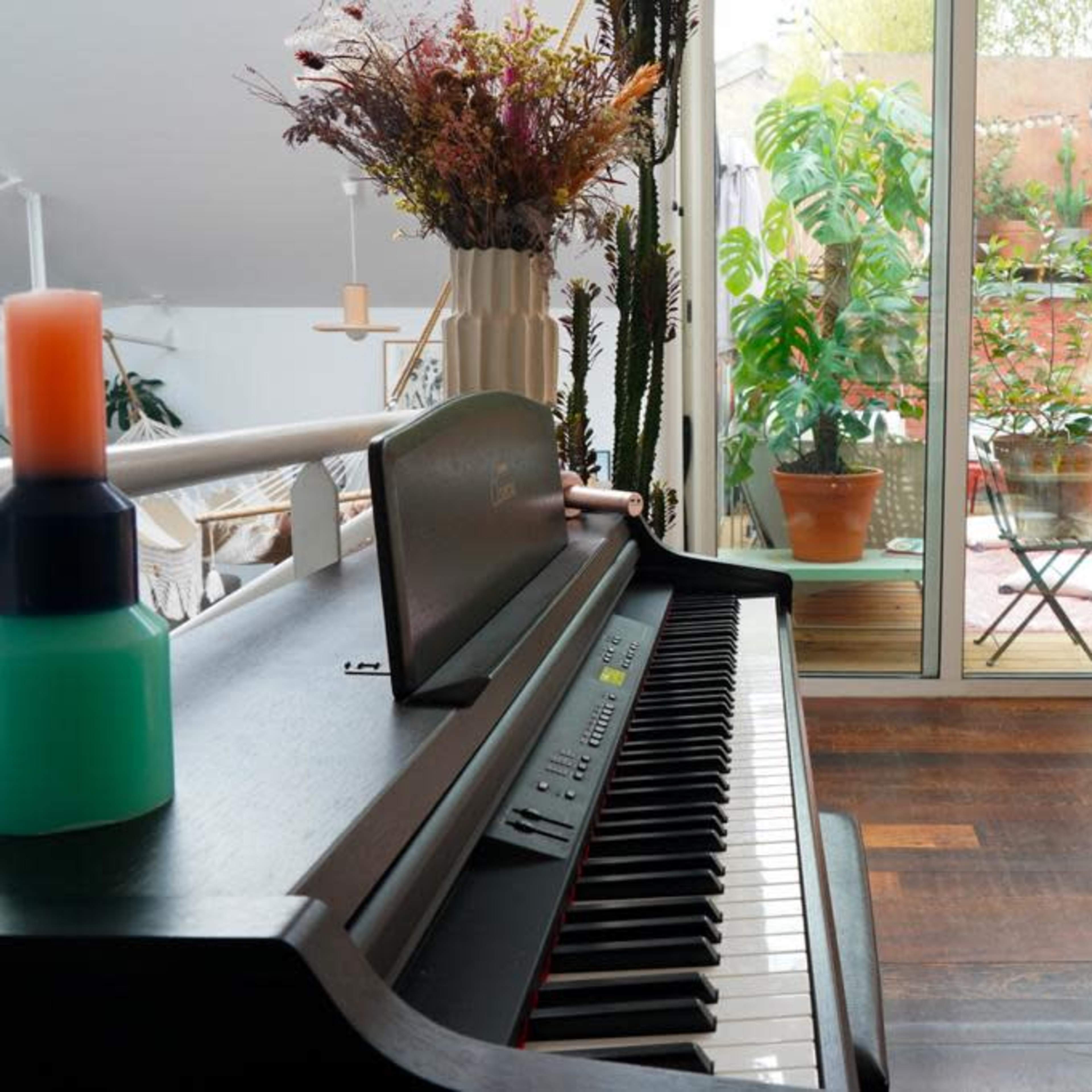 A piano in the foreground, with a glass door leading to a patio filled with plants and outdoor furniture in the background.