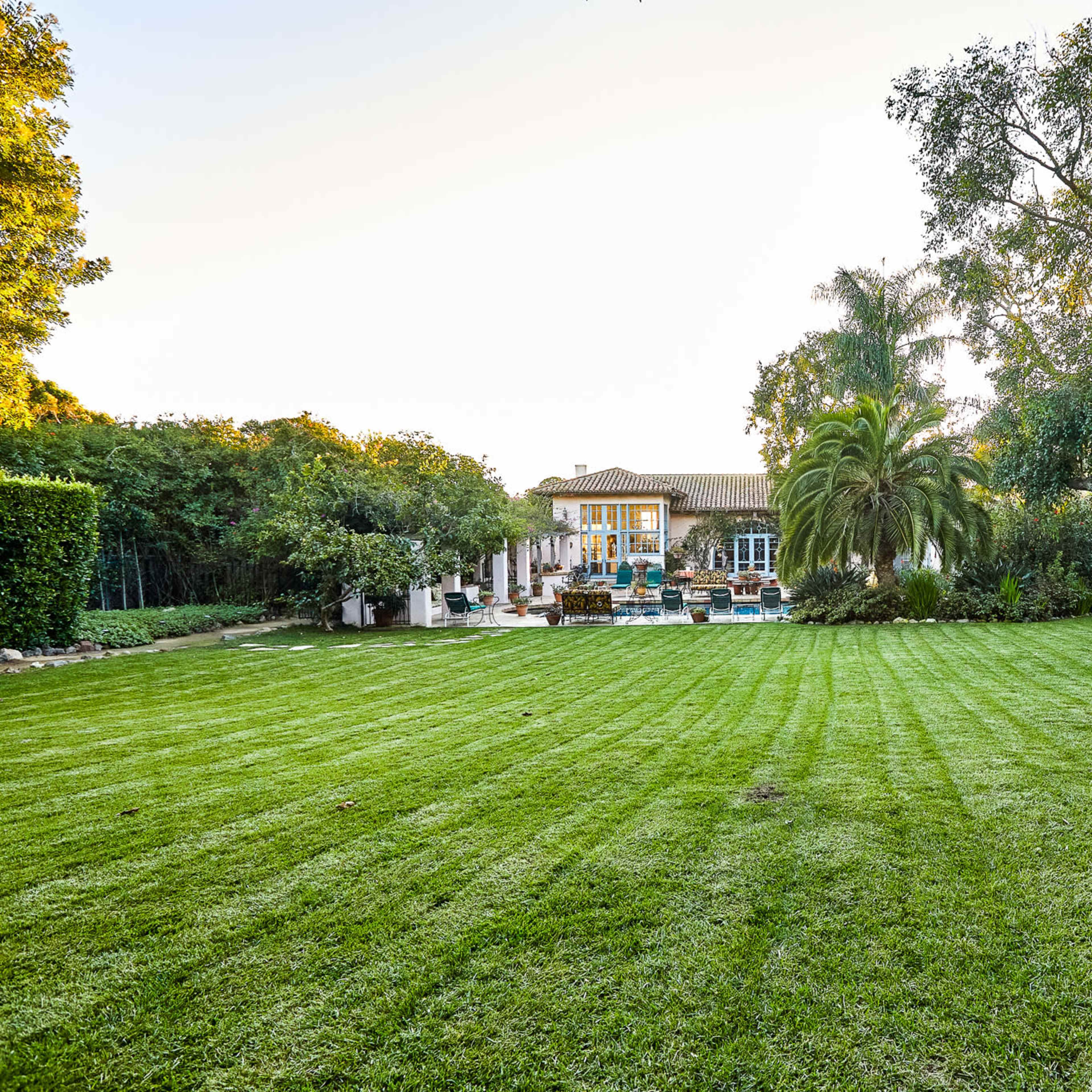 A well-manicured lawn in front of a large house surrounded by palm trees and lush greenery.