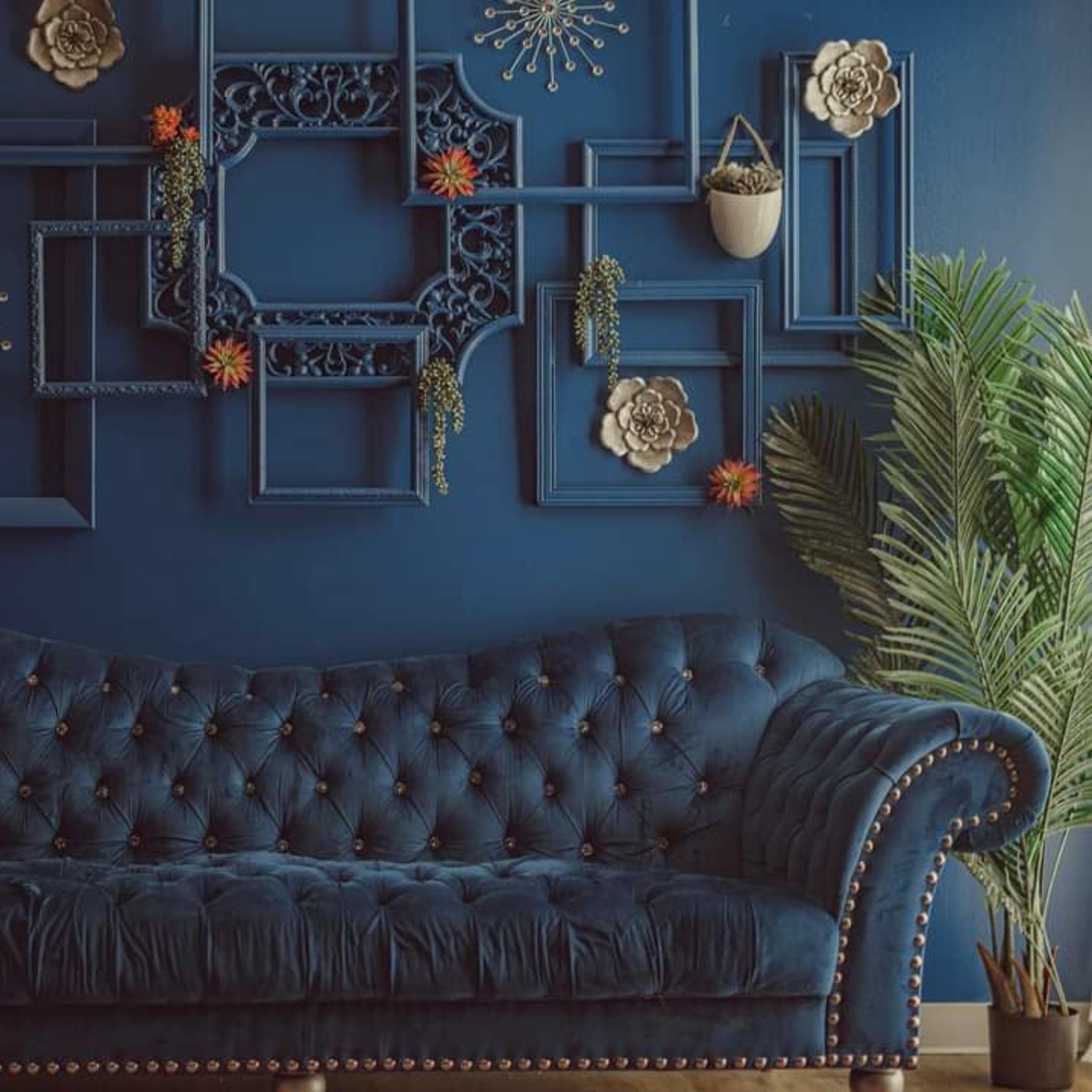 A blue sofa with tufted upholstery sits against a dark blue wall adorned with various decorative frames and plants.