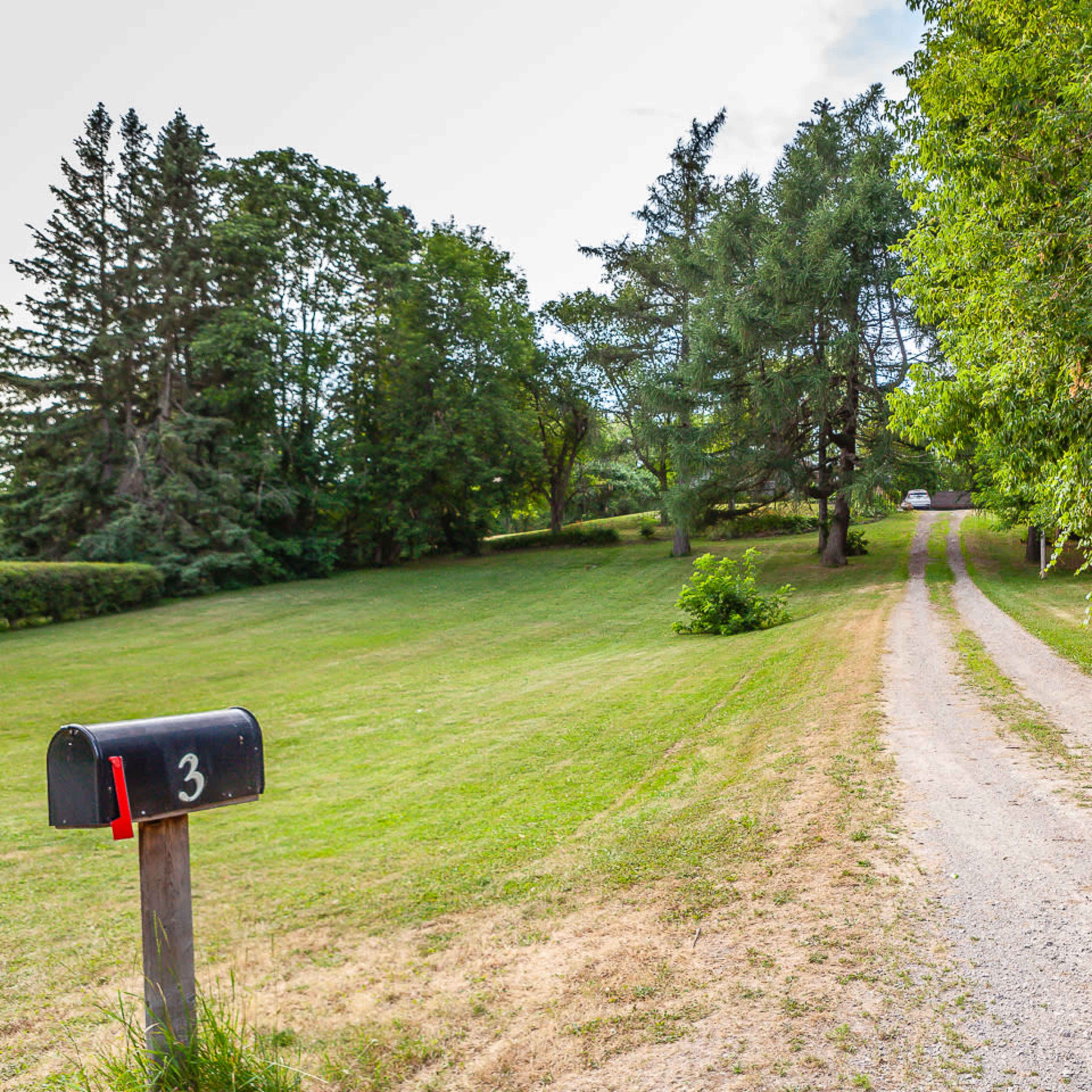 A gravel driveway leads through a grassy area lined with trees to a mailbox labeled "3."