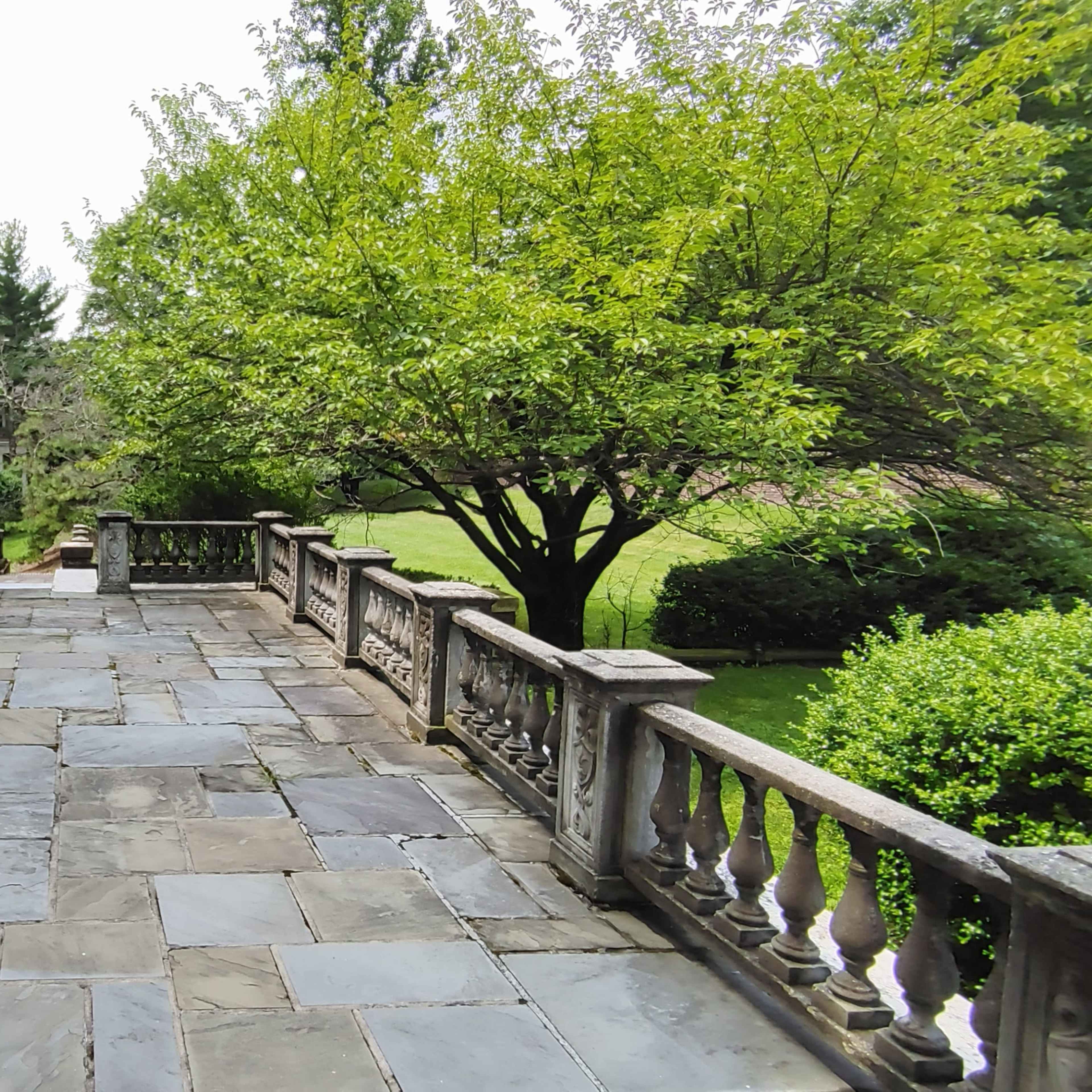 A stone patio with a railing, bordered by a lush green lawn and trees, accompanied by a white exterior wall of a house.