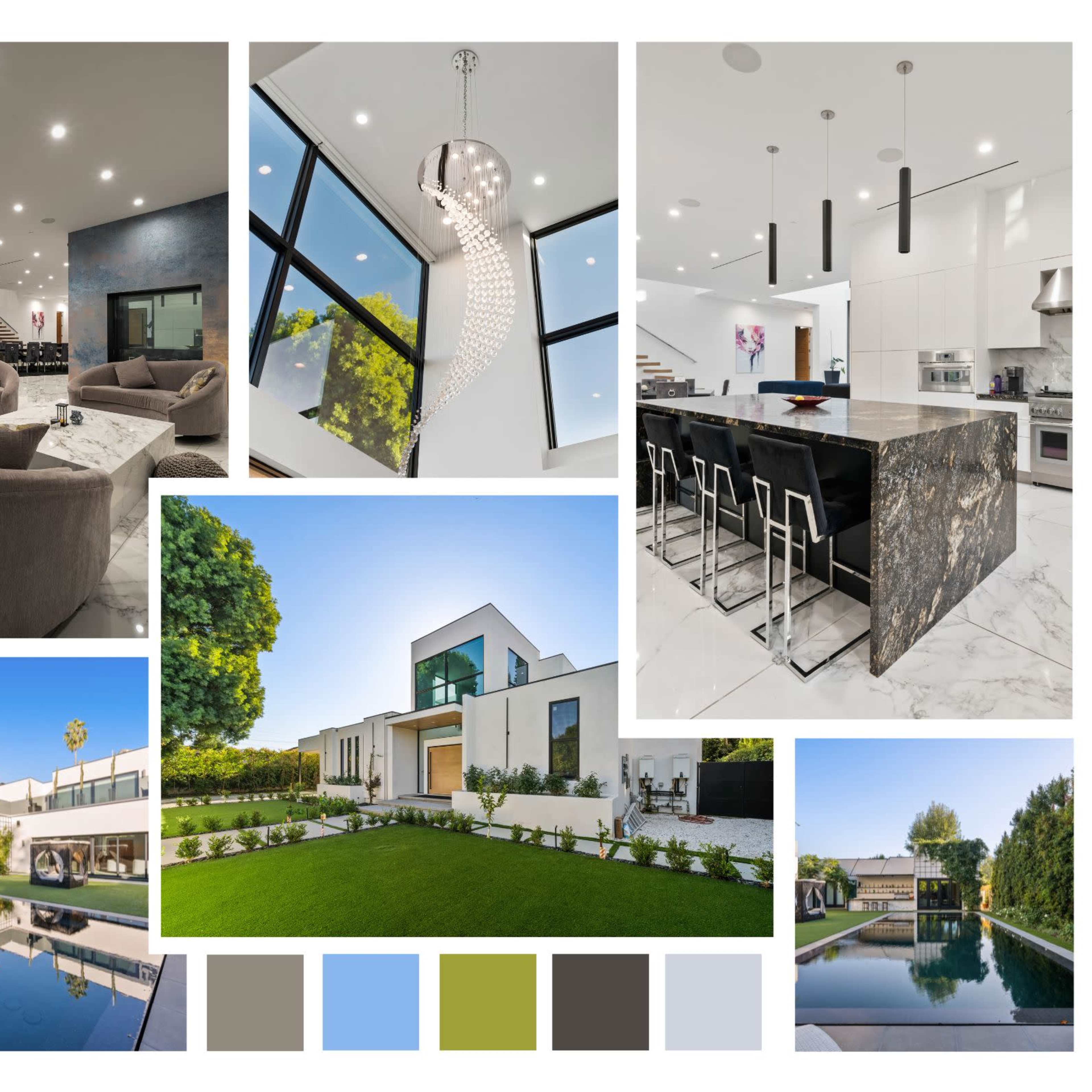 Various views of a modern luxury home, including interior and exterior spaces with a pool, sleek kitchen, and stylish living areas.