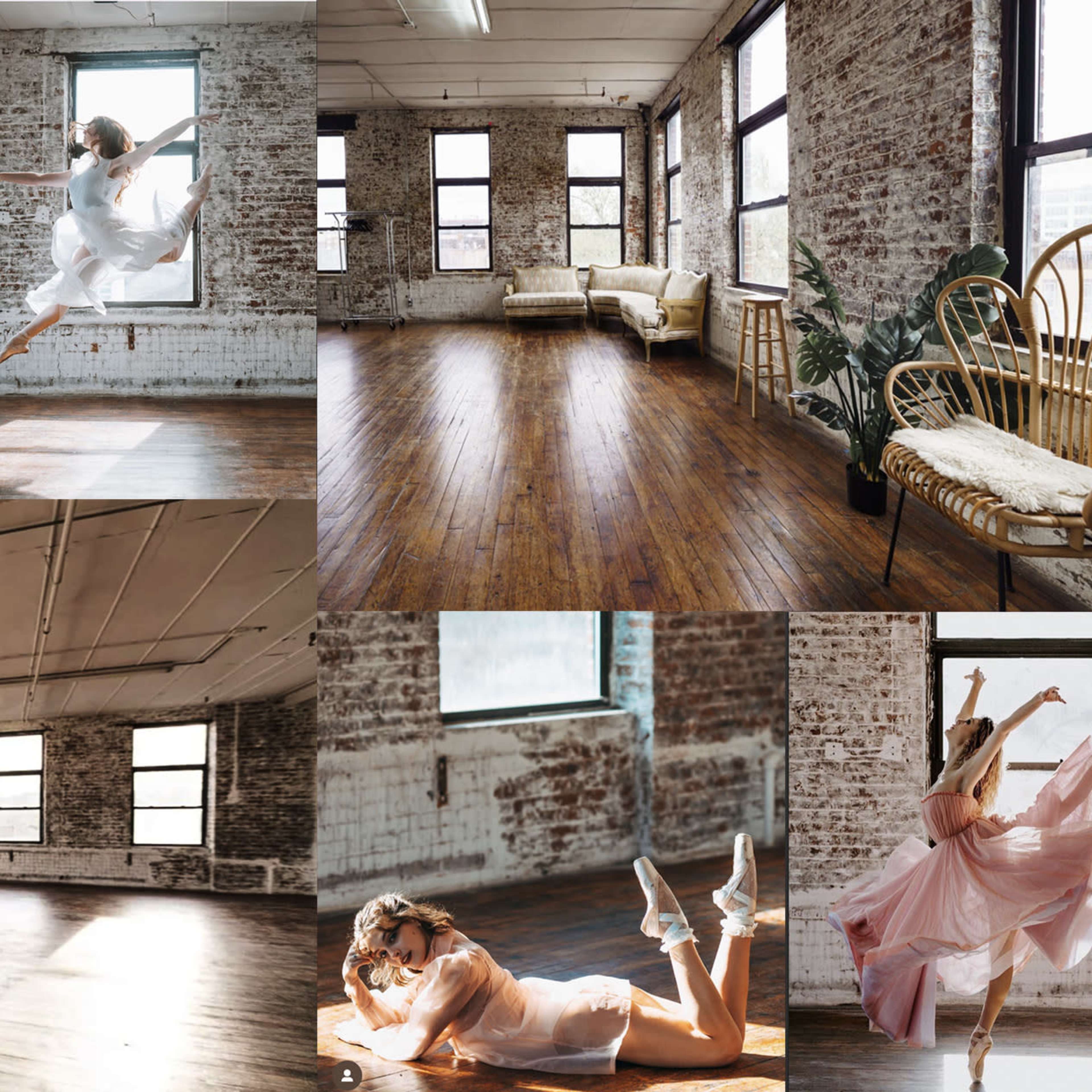 A bright, spacious studio with large windows, featuring a dancer in various poses and a well-furnished corner with a rattan chair and a plant.