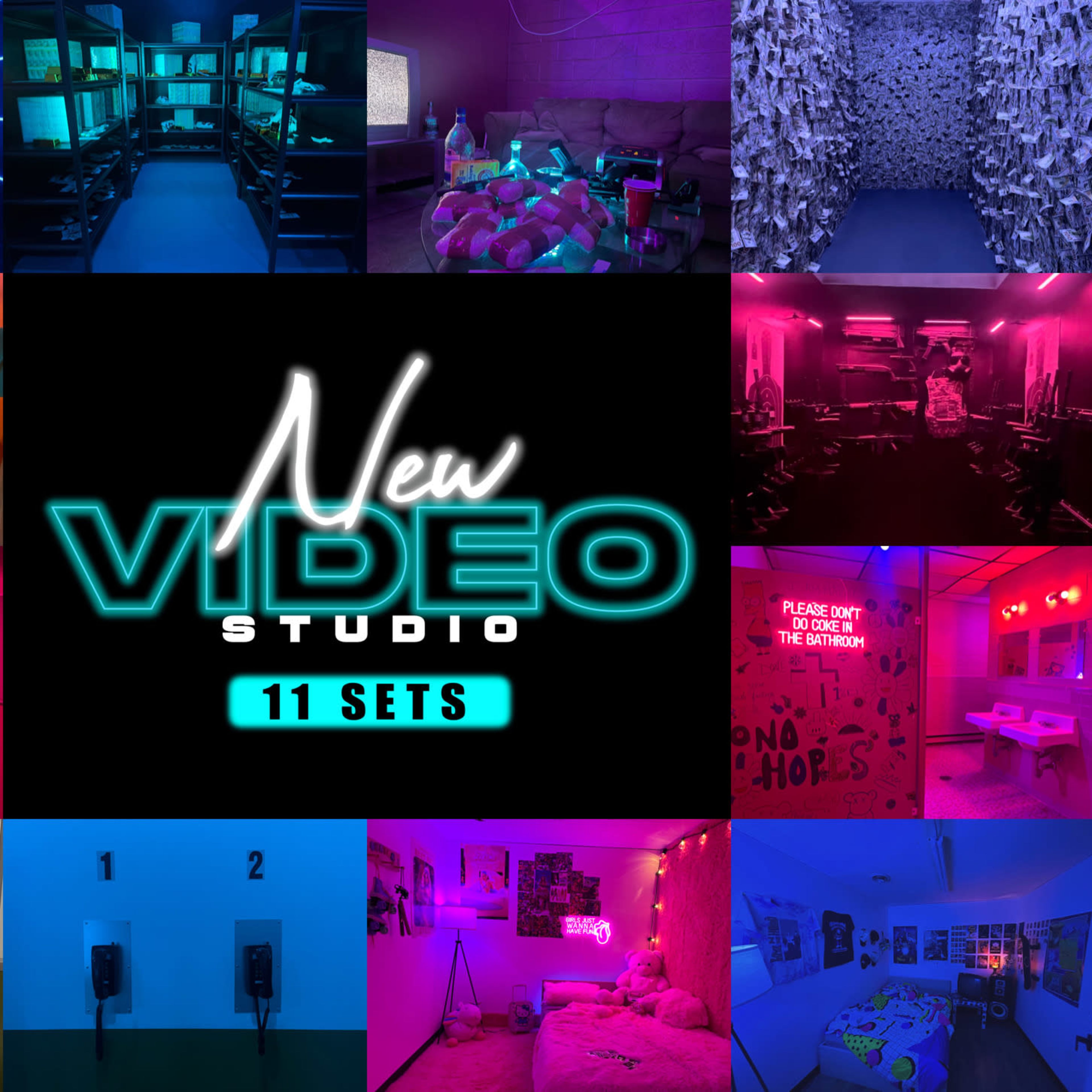 A collage of various themed video studio sets featuring vibrant lighting and creative decor.