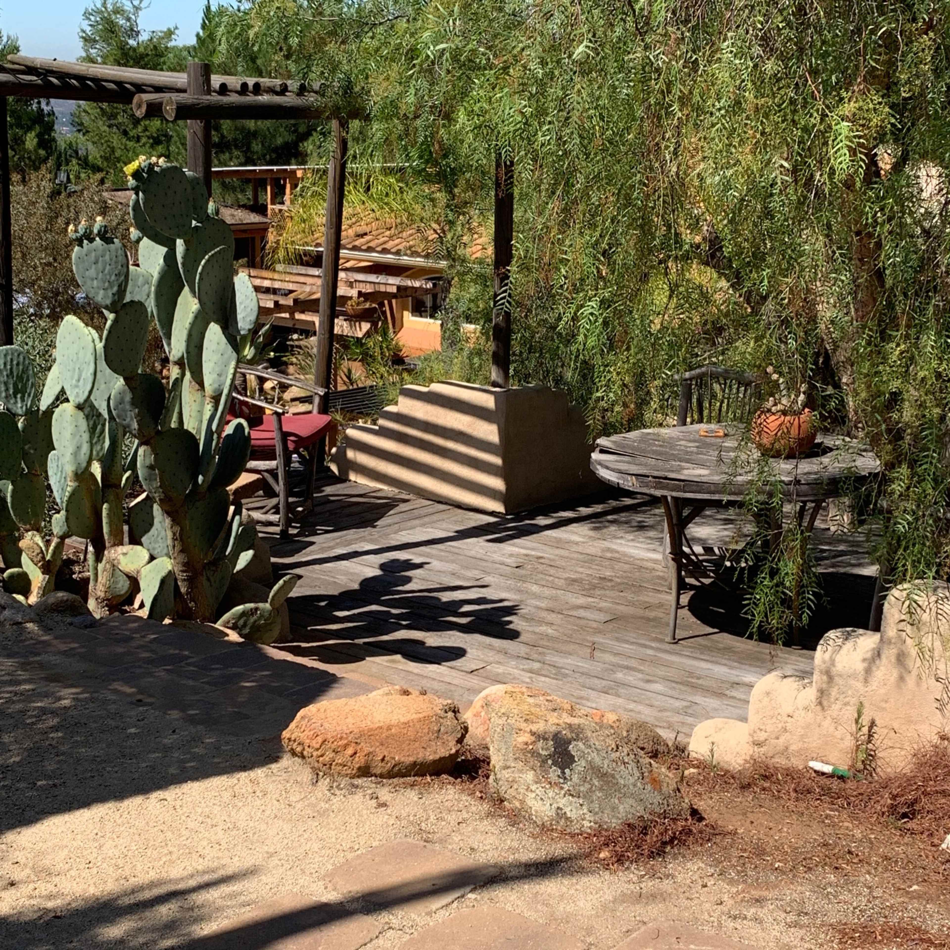 A wooden deck area surrounded by cacti and greenery, featuring outdoor furniture and a stone pathway.
