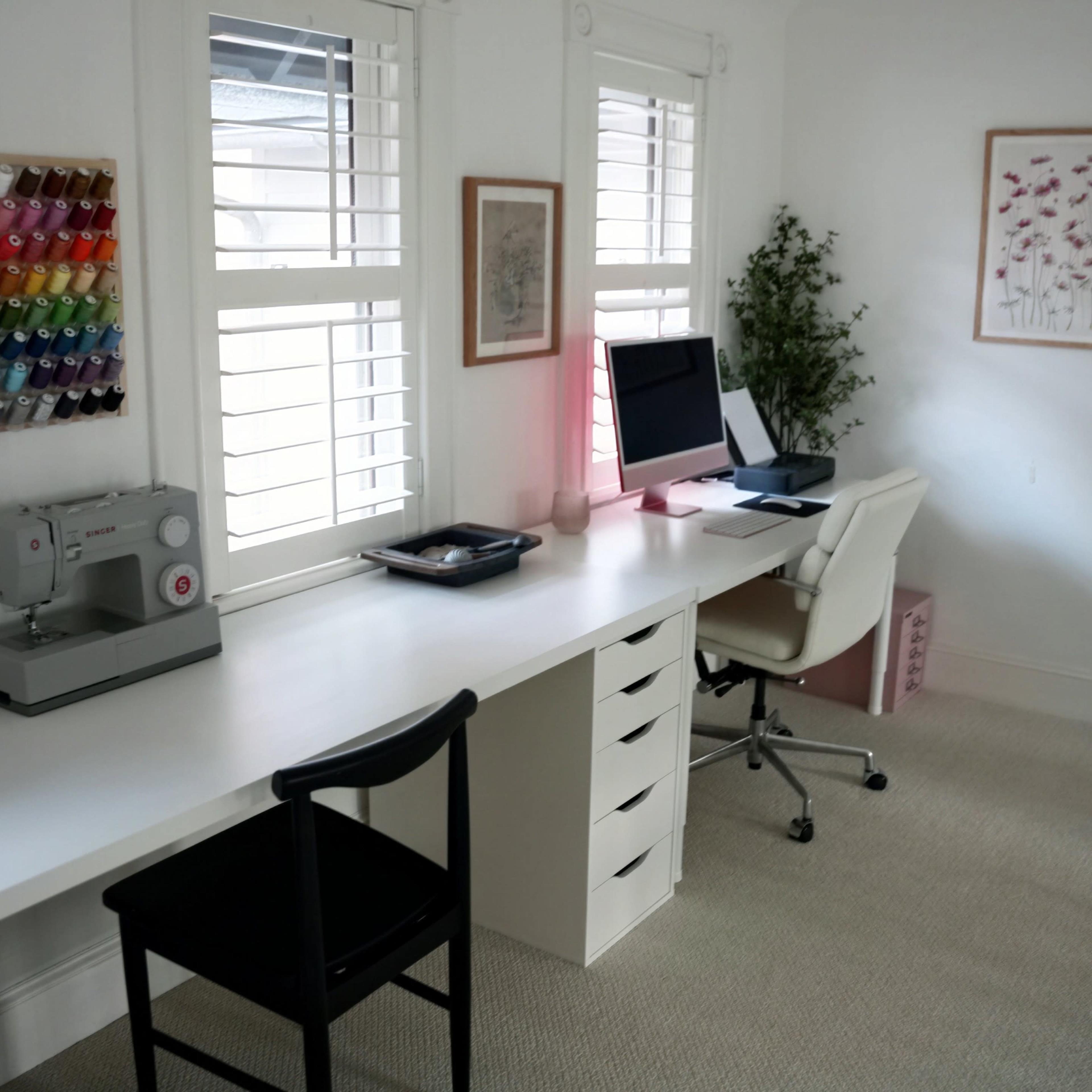 A bright, organized home office features a sewing machine, a computer setup, and a decorative plant beside a large window.