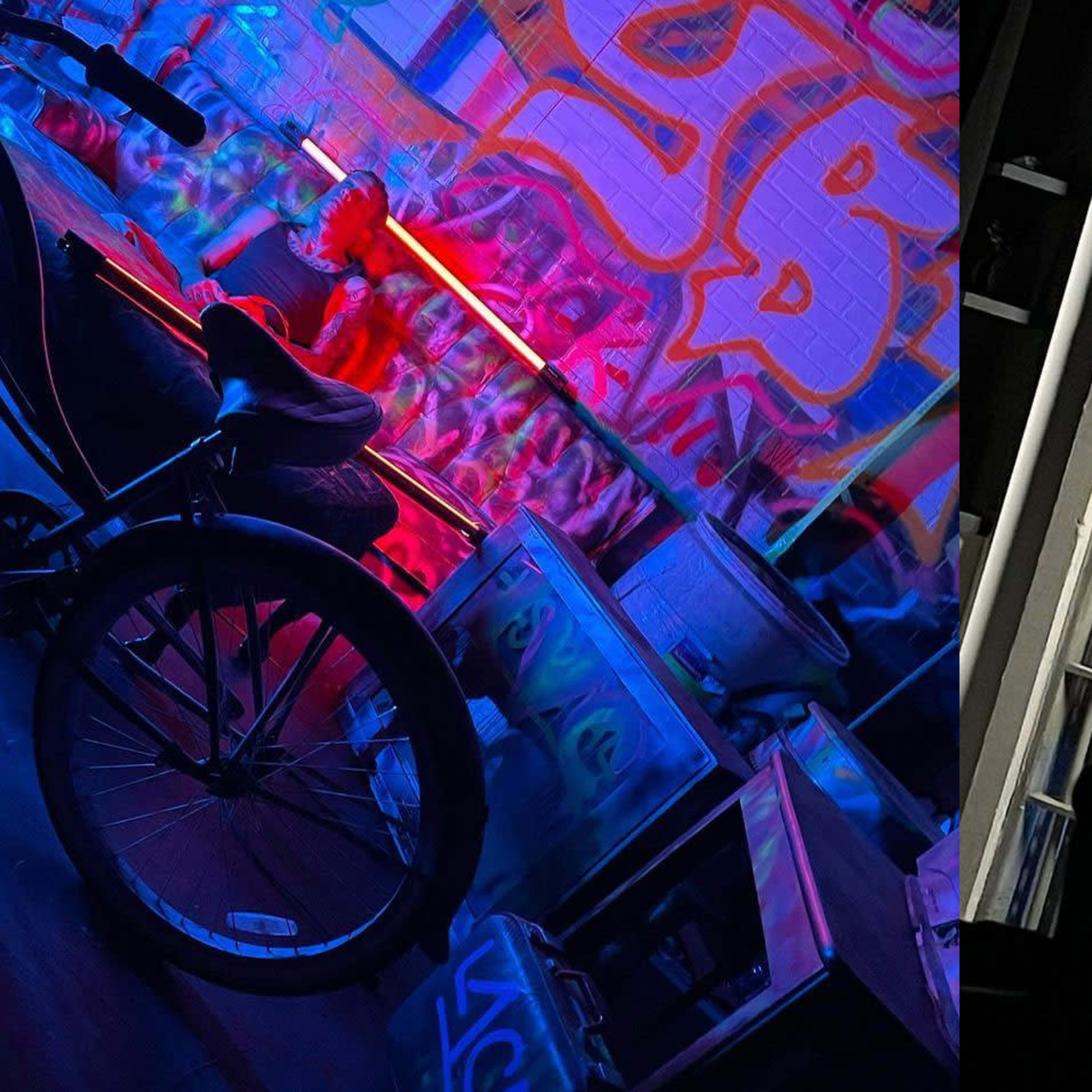 A split scene featuring a bicycle against colorful graffiti on one side and a person lying on a bunk bed in an orange jumpsuit inside a cell on the other side.