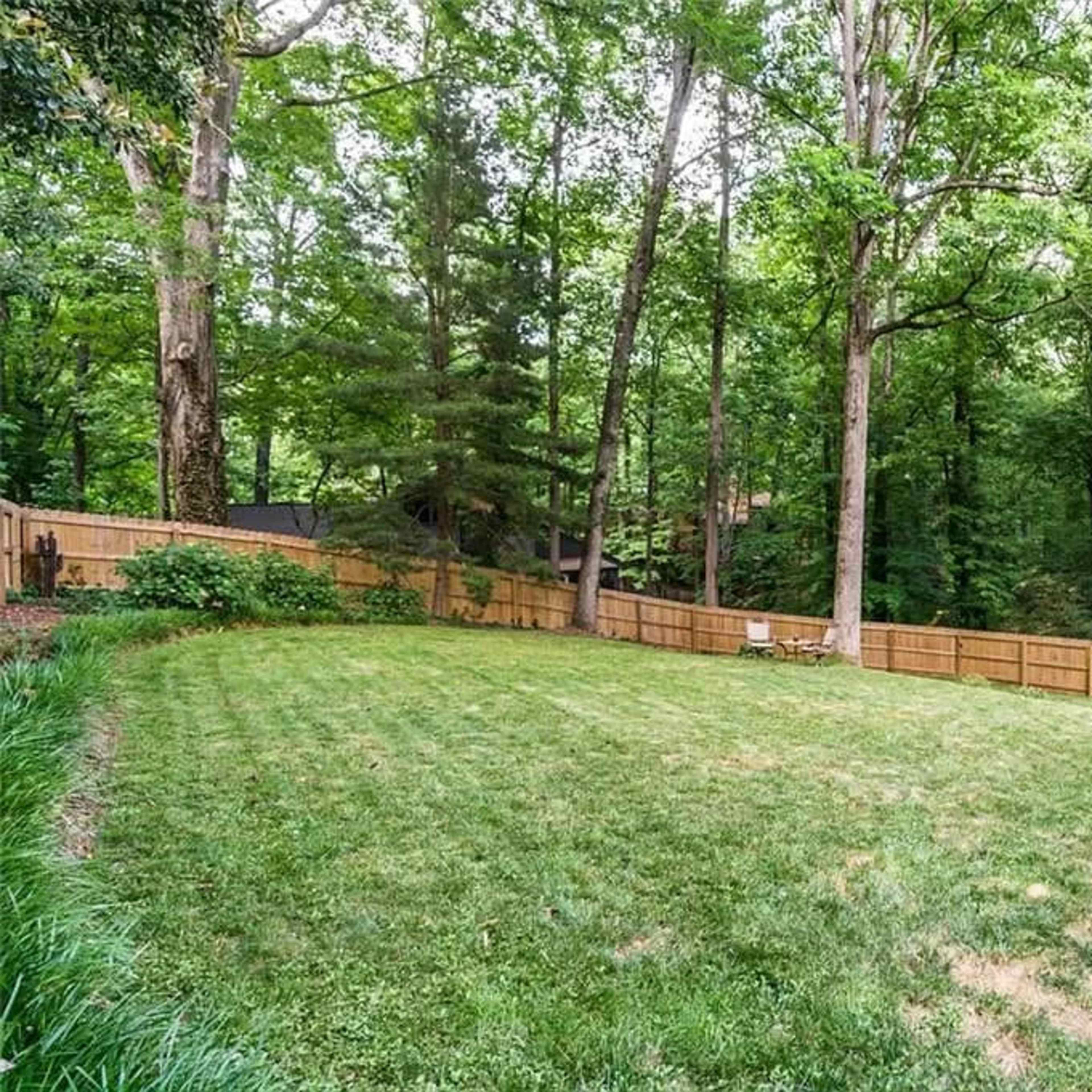 A fenced backyard with a grassy area surrounded by trees.