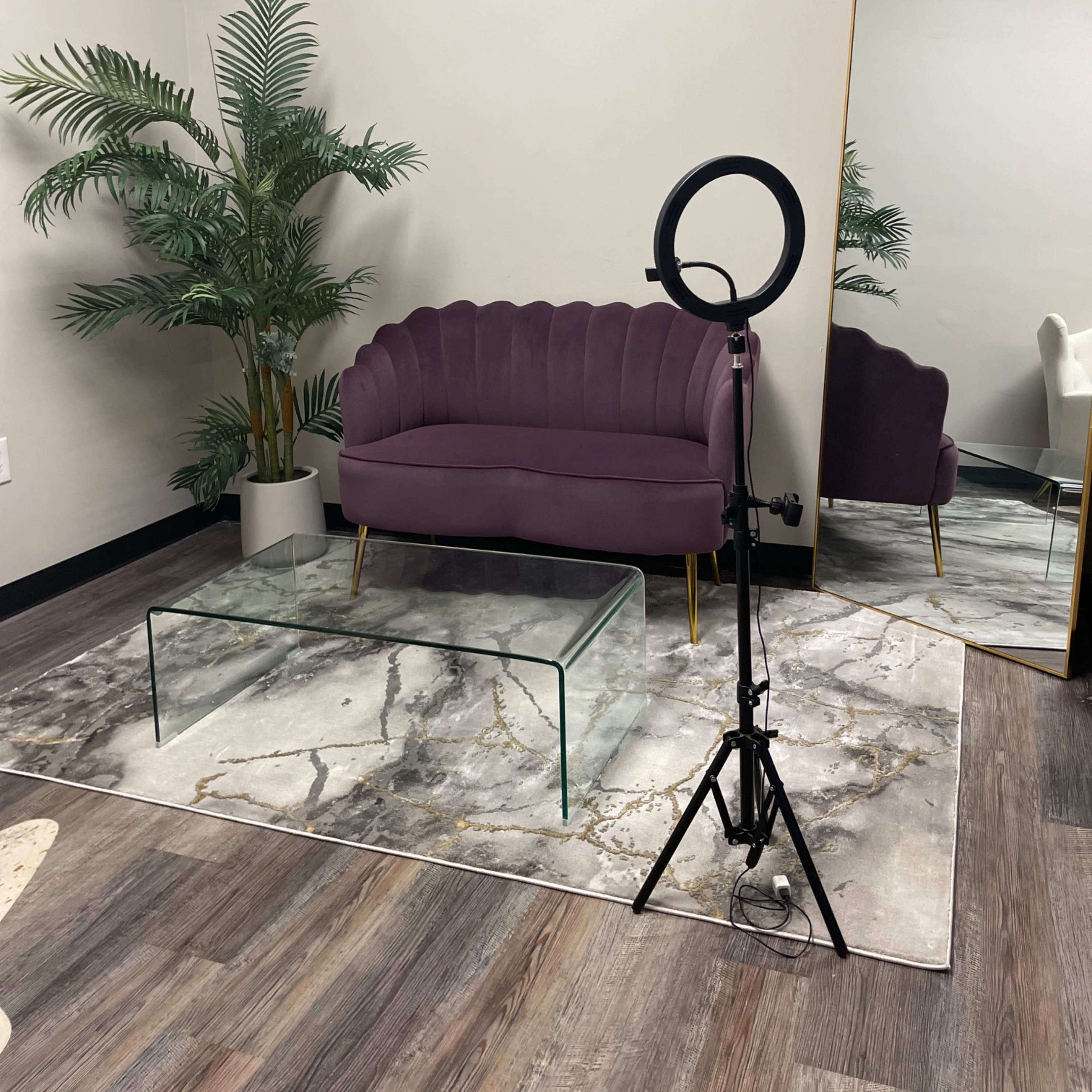 A modern interior design featuring a purple velvet sofa, a glass coffee table on a marble rug, a potted plant, and a ring light in front of a large mirror.