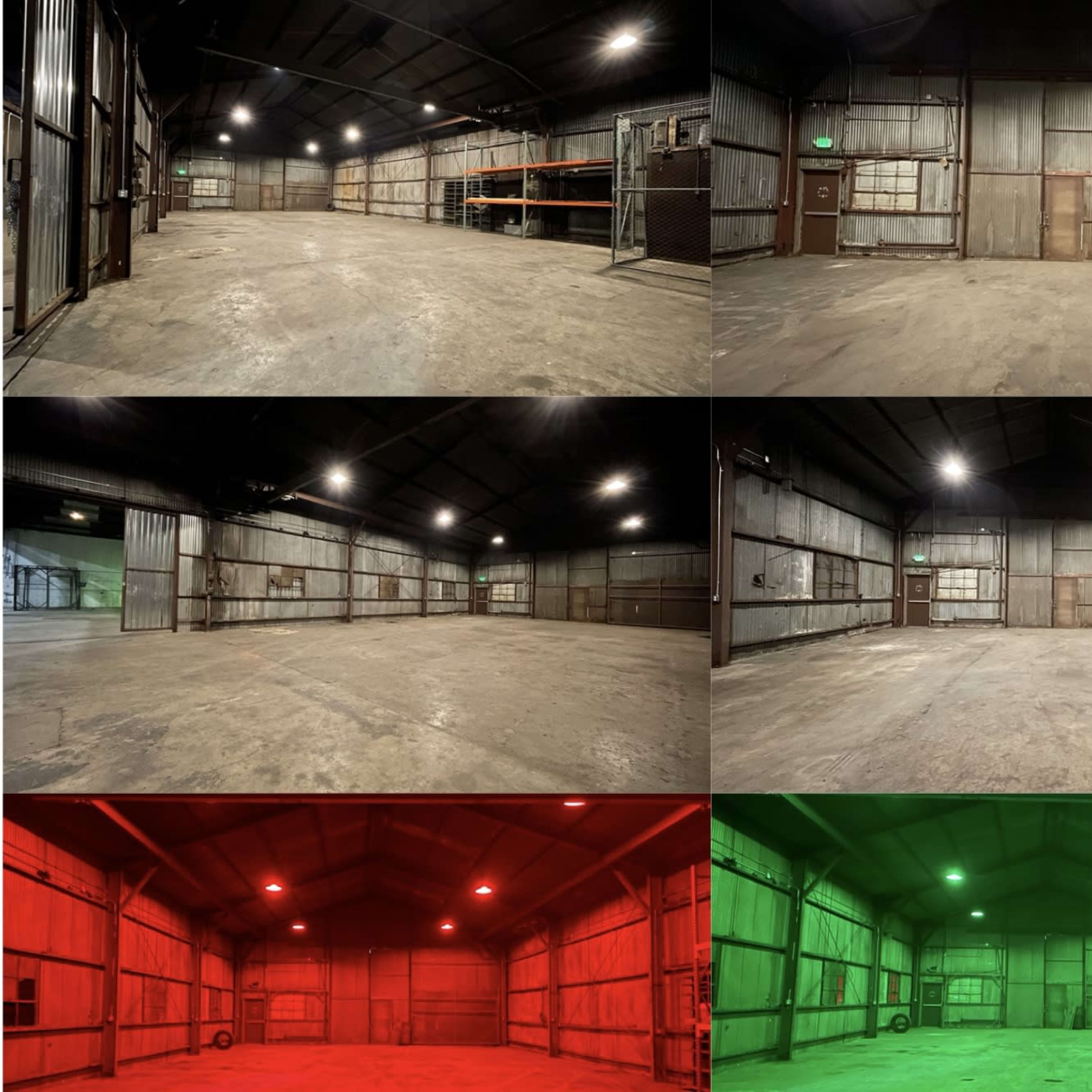 A large industrial warehouse with a concrete floor and metal walls, presented in four different lighting color schemes: natural, red, green, and purple.