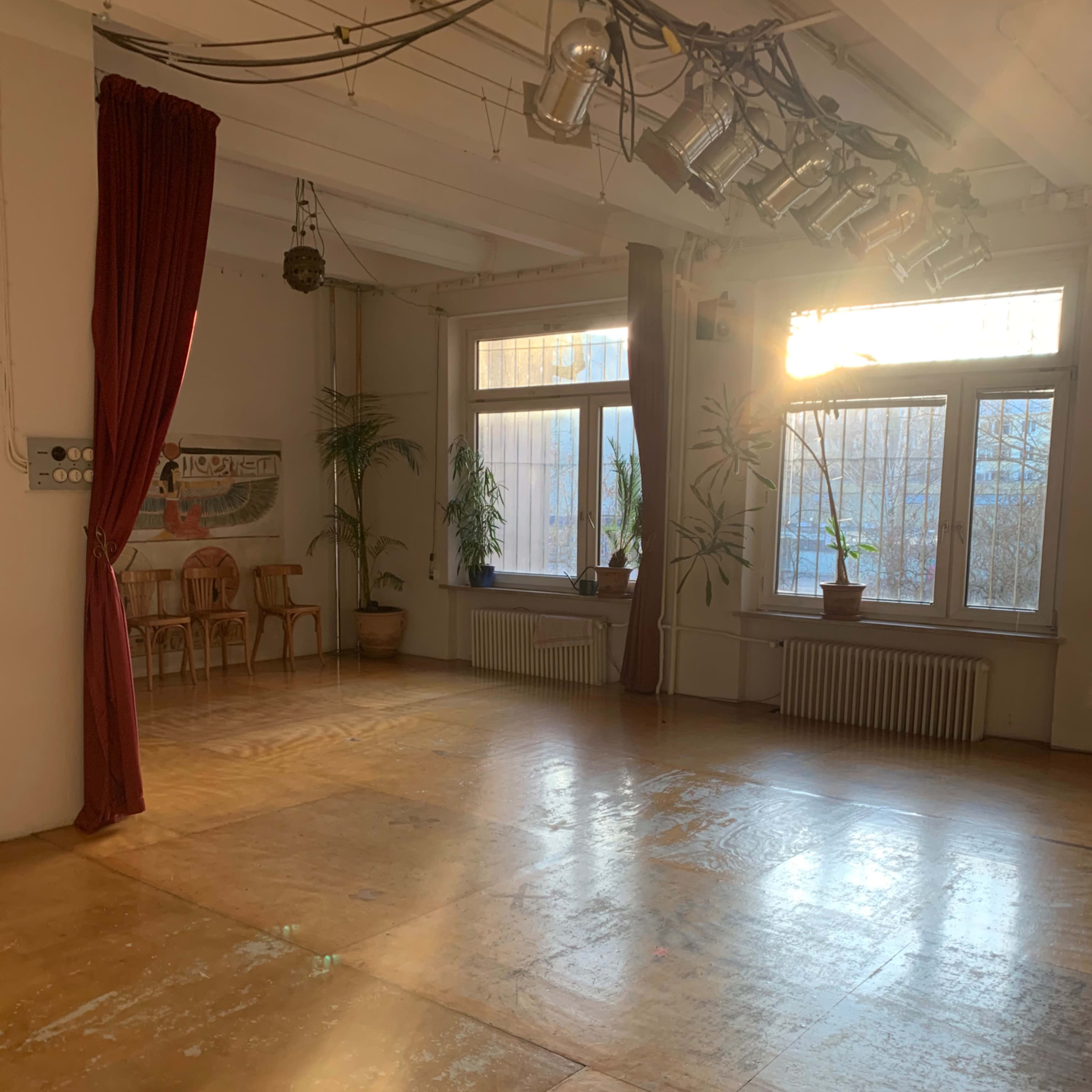 An empty room with wooden flooring, large windows, and several potted plants, illuminated by sunlight.