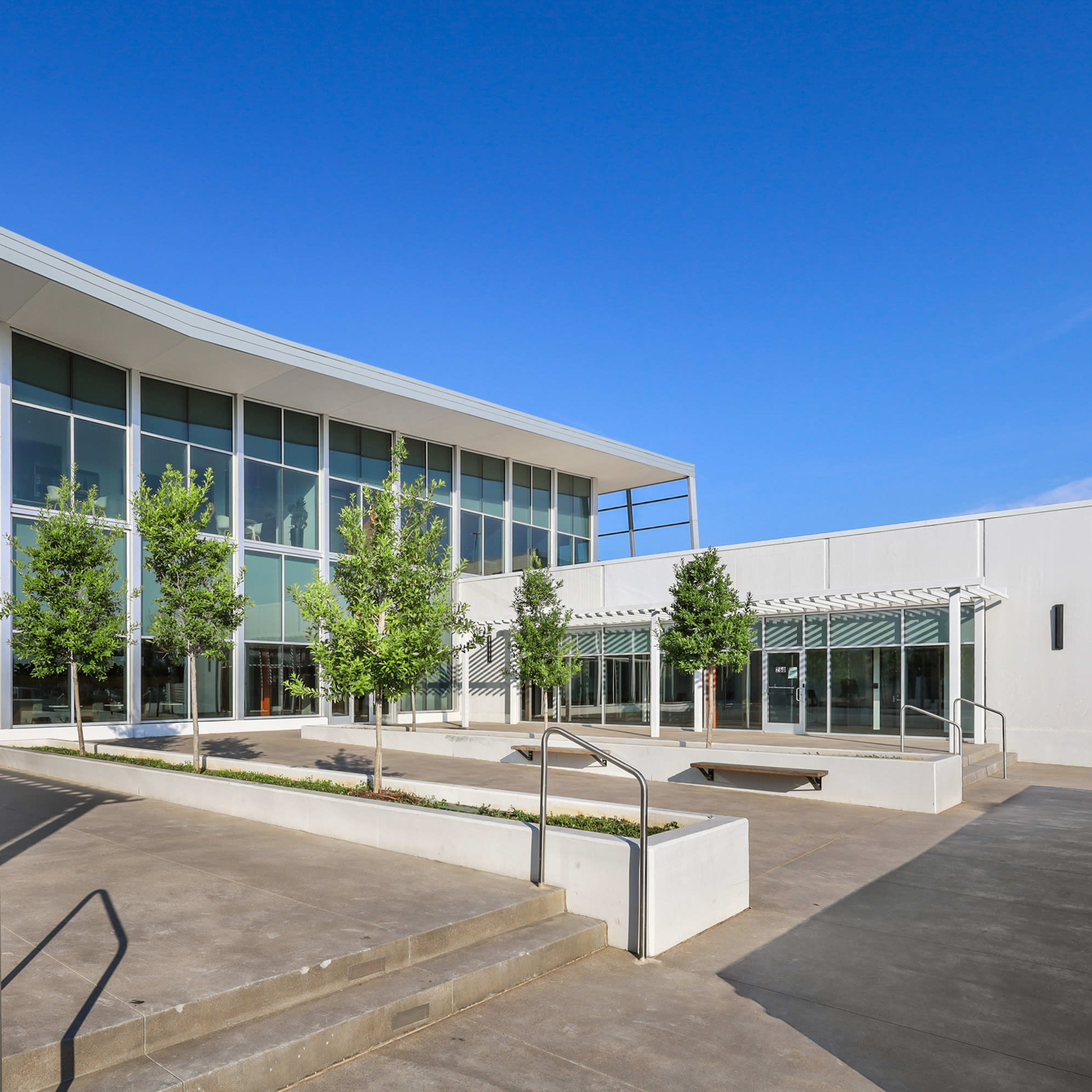 A modern building features large glass windows and concrete pathways, surrounded by evenly spaced trees.