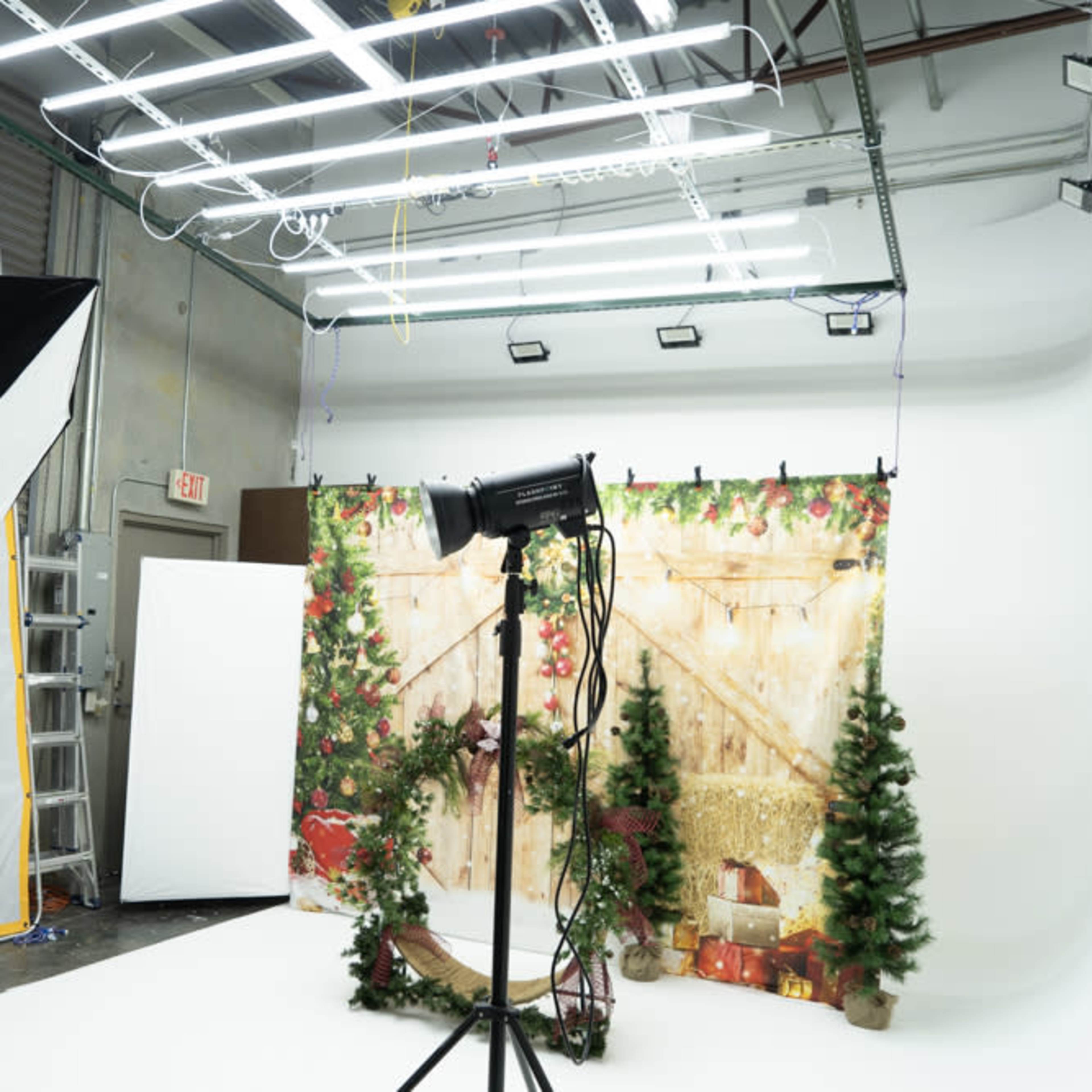 A photography studio is set up with decorative backdrops, lighting equipment, and artificial trees for a holiday-themed shoot.