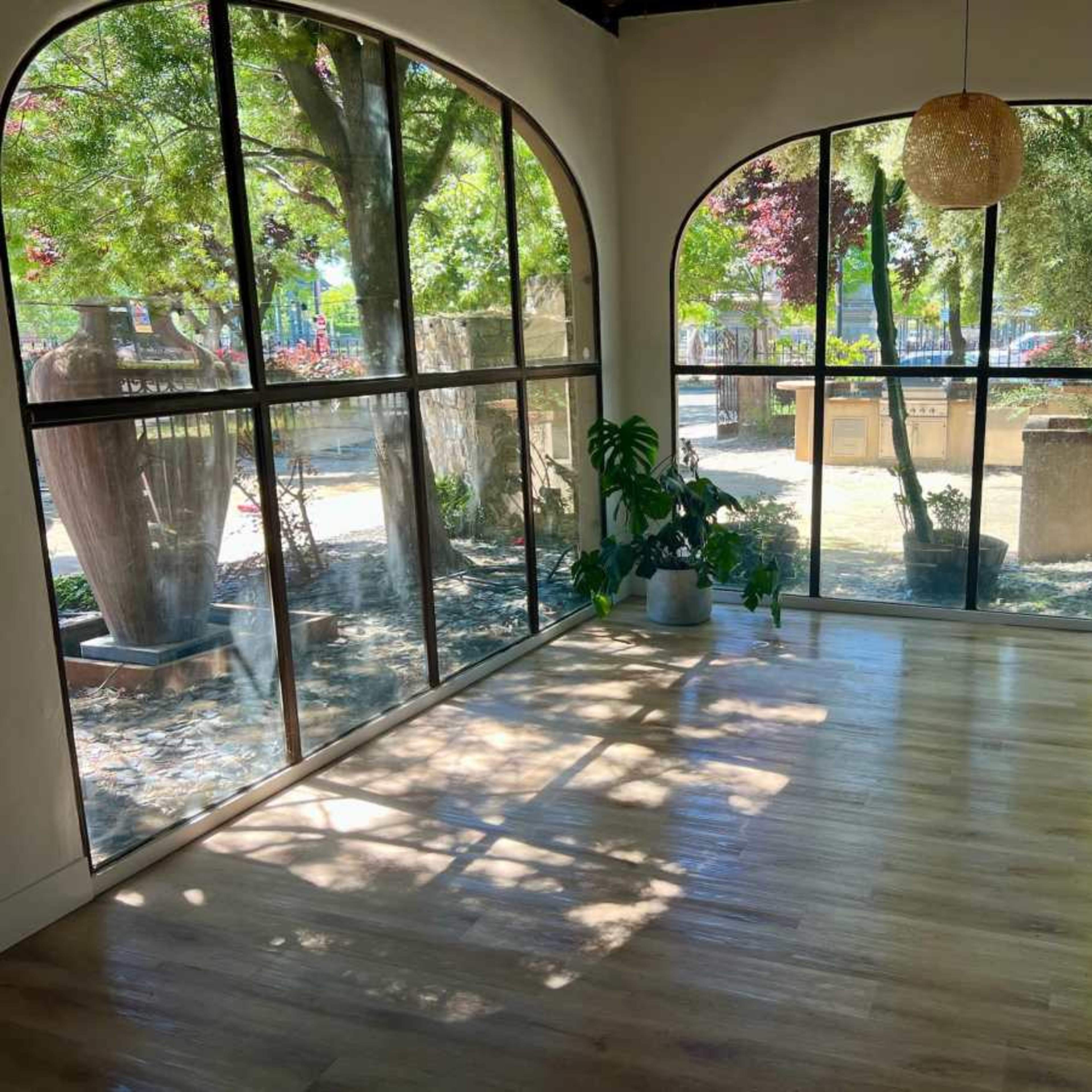 A spacious room with large arched windows that offer a view of an outdoor area featuring trees and a water feature.